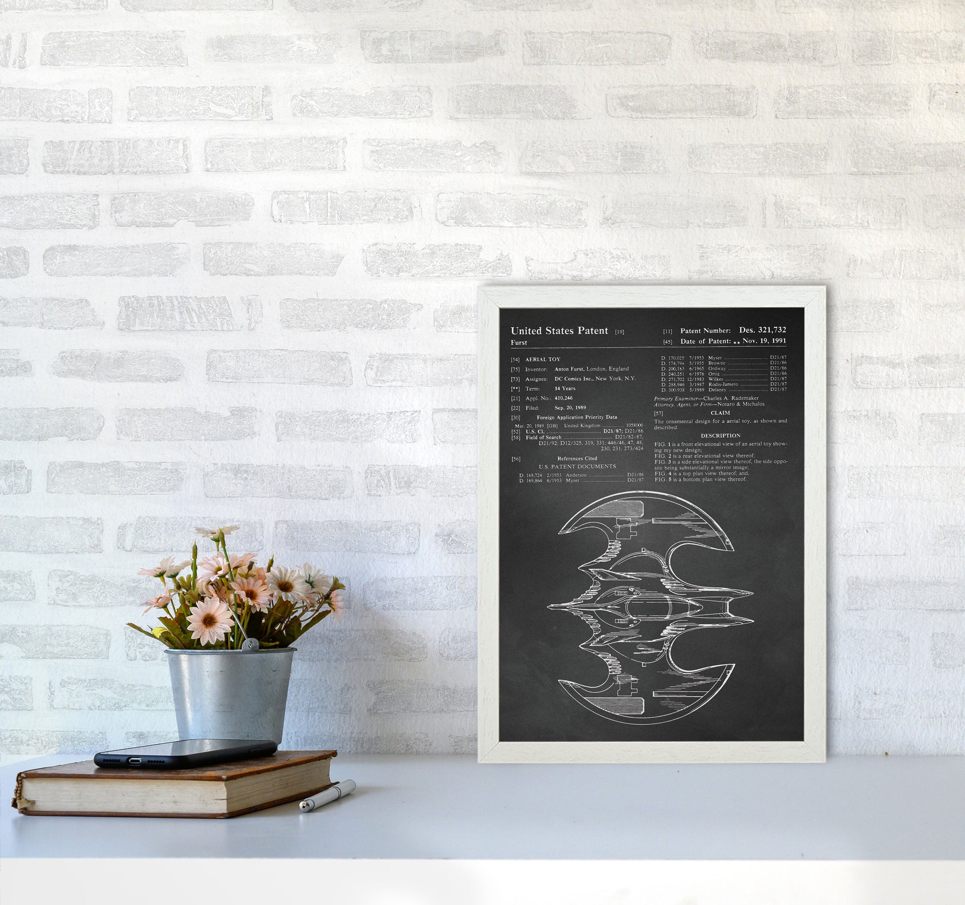 Batwing Patent Side View- Chalkboard Art Print by Jason Stanley A3 Oak Frame
