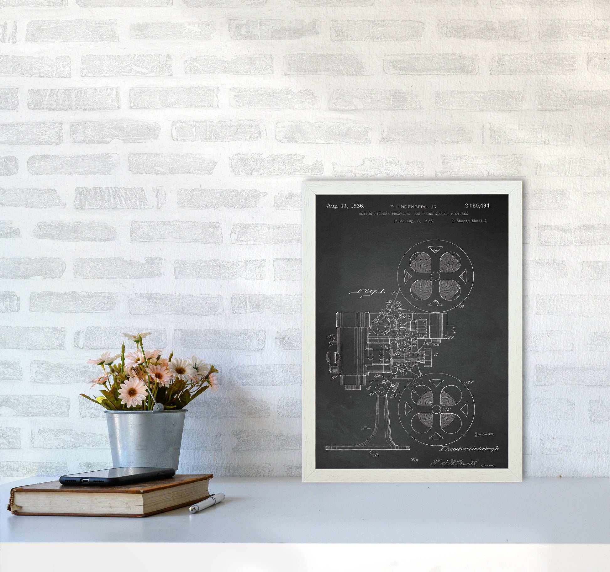 Motion Picture Projector Patent-Chalkboard Art Print by Jason Stanley A3 Oak Frame