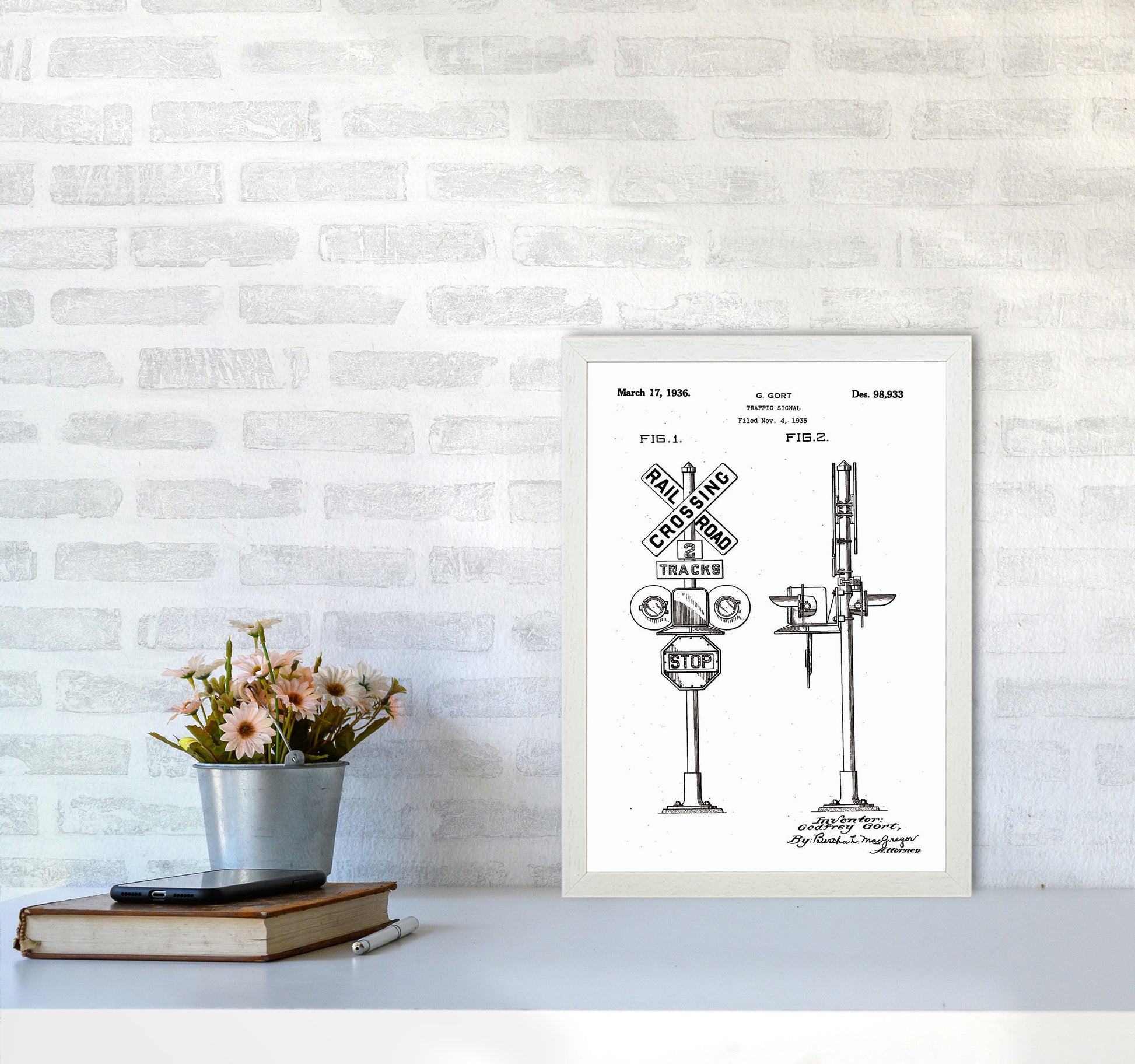 Rail Road Crossing Sign Patent Art Print by Jason Stanley A3 Oak Frame