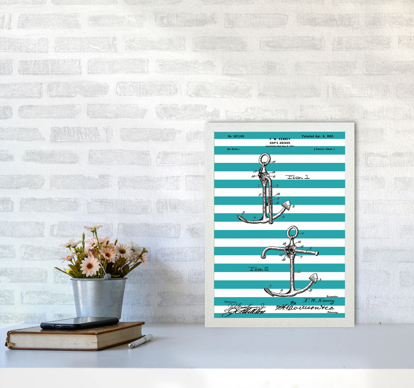 Anchor Patent Stripe Art Print by Jason Stanley A3 Oak Frame