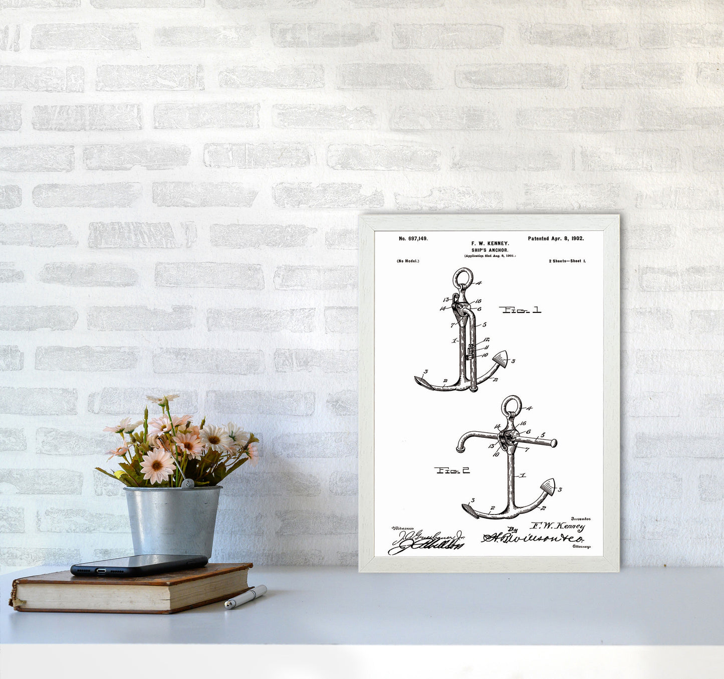 Anchor Patent White Art Print by Jason Stanley A3 Oak Frame