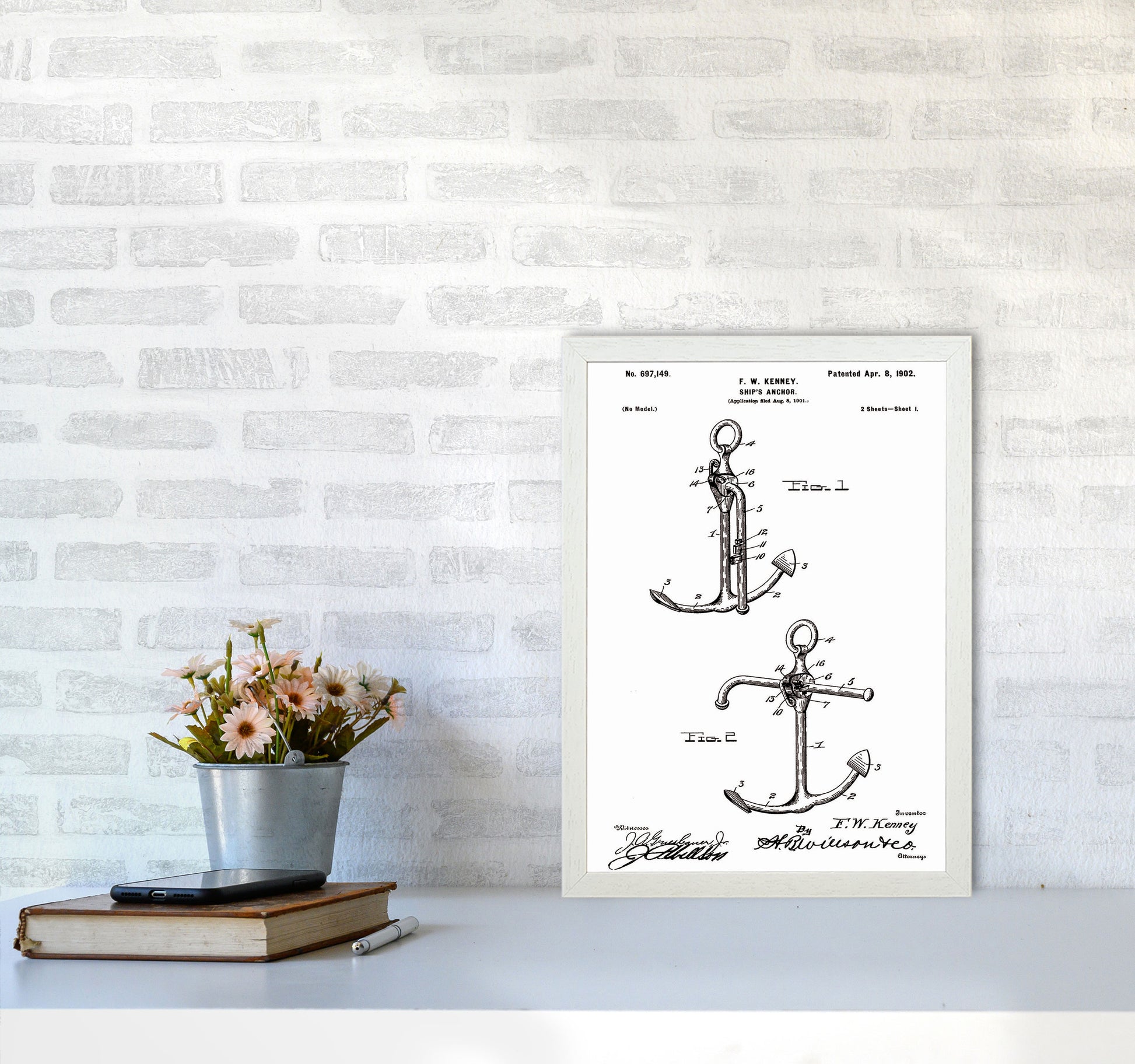 Anchor Patent White Art Print by Jason Stanley A3 Oak Frame