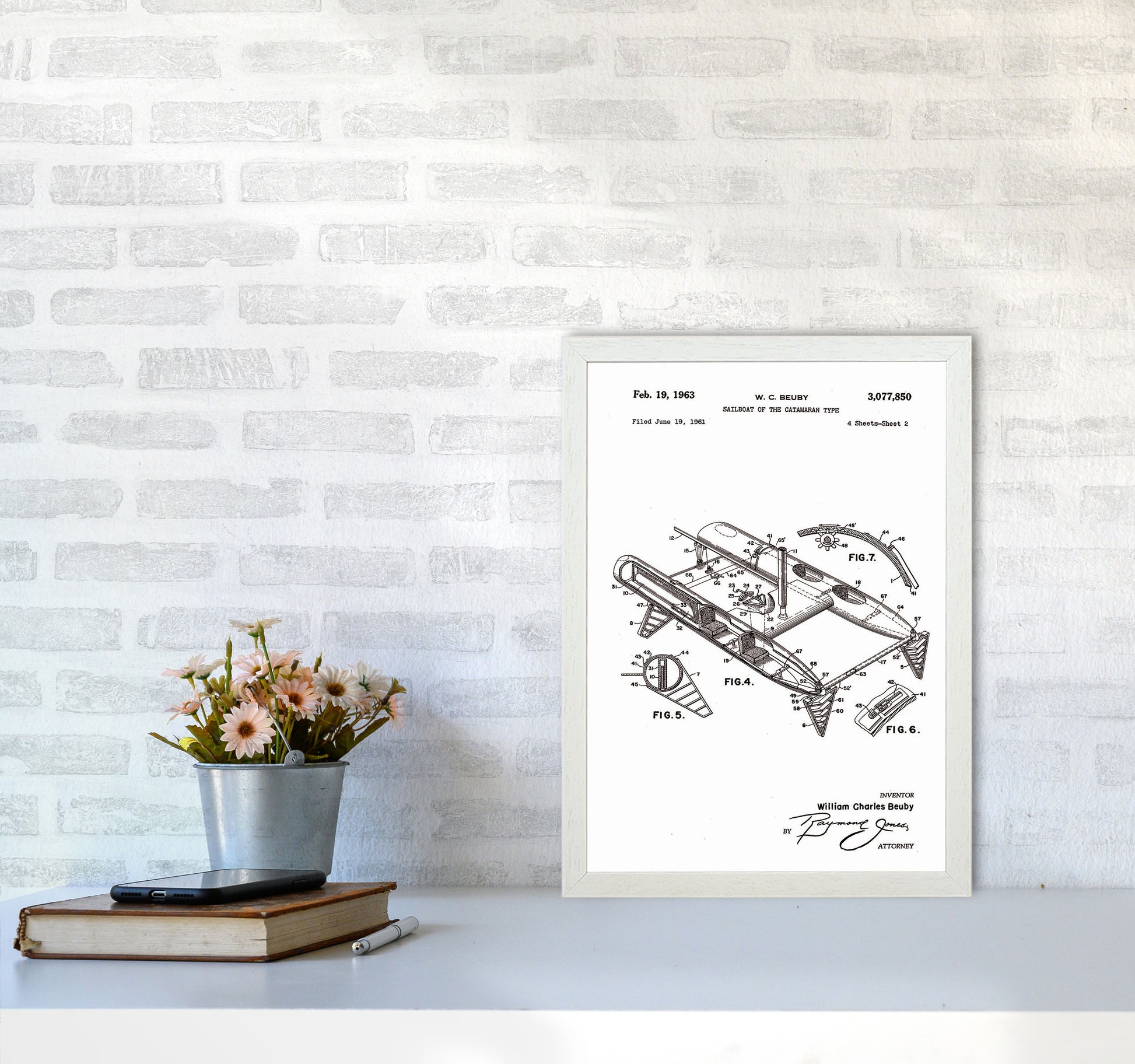 Catamaran Patent Art Print by Jason Stanley A3 Oak Frame
