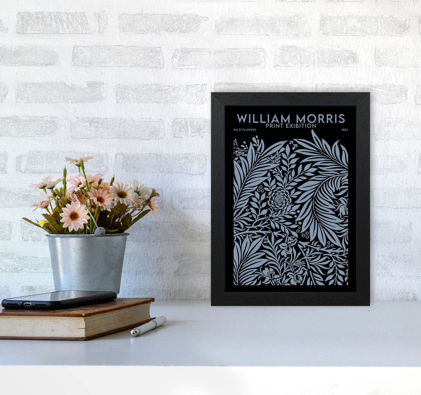 William Morris Print Exibition Black Art Print by Jason Stanley A4 White Frame