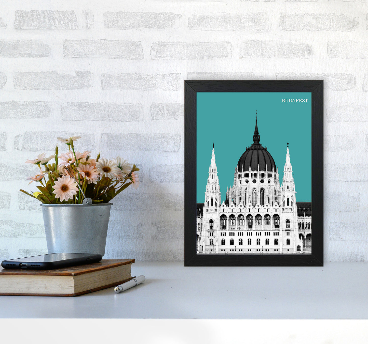 Halftone Budapest Green Art Print by Jason Stanley A4 White Frame