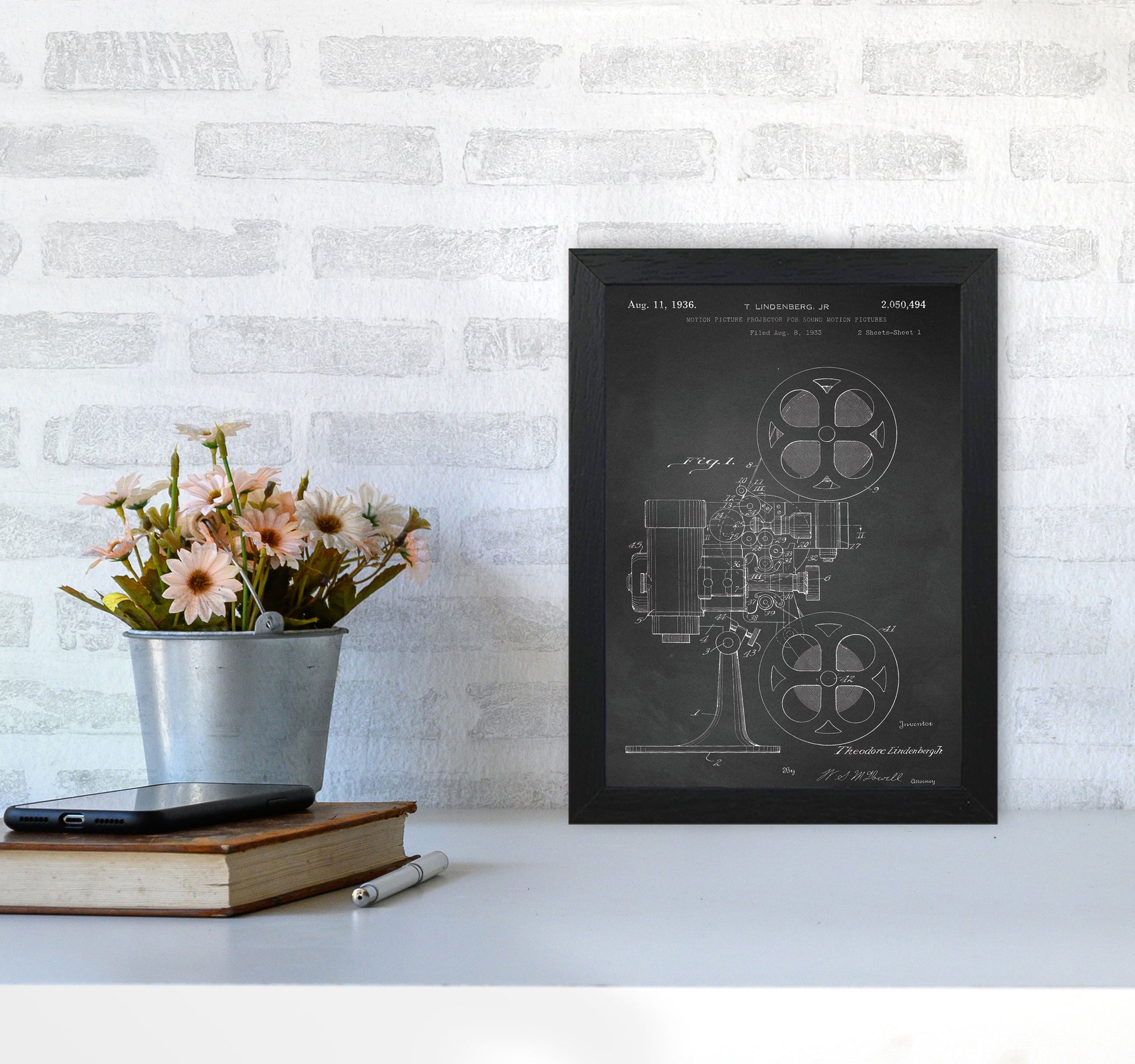 Motion Picture Projector Patent-Chalkboard Art Print by Jason Stanley A4 White Frame