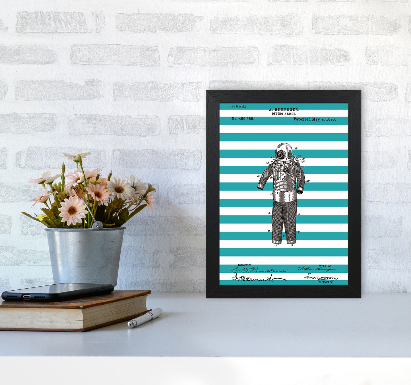 Diving Armor Patent Stripe Art Print by Jason Stanley A4 White Frame