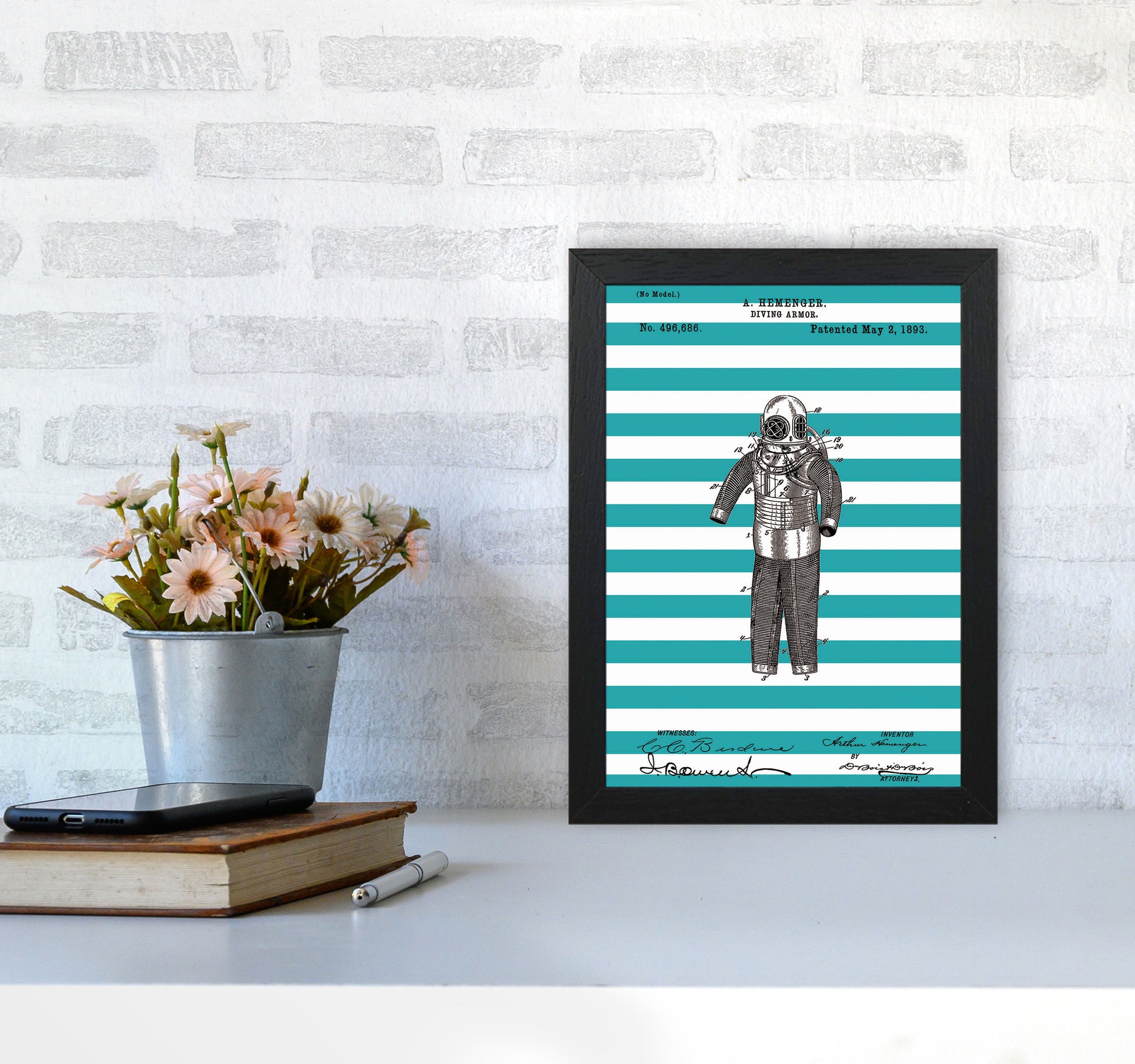 Diving Armor Patent Stripe Art Print by Jason Stanley A4 White Frame