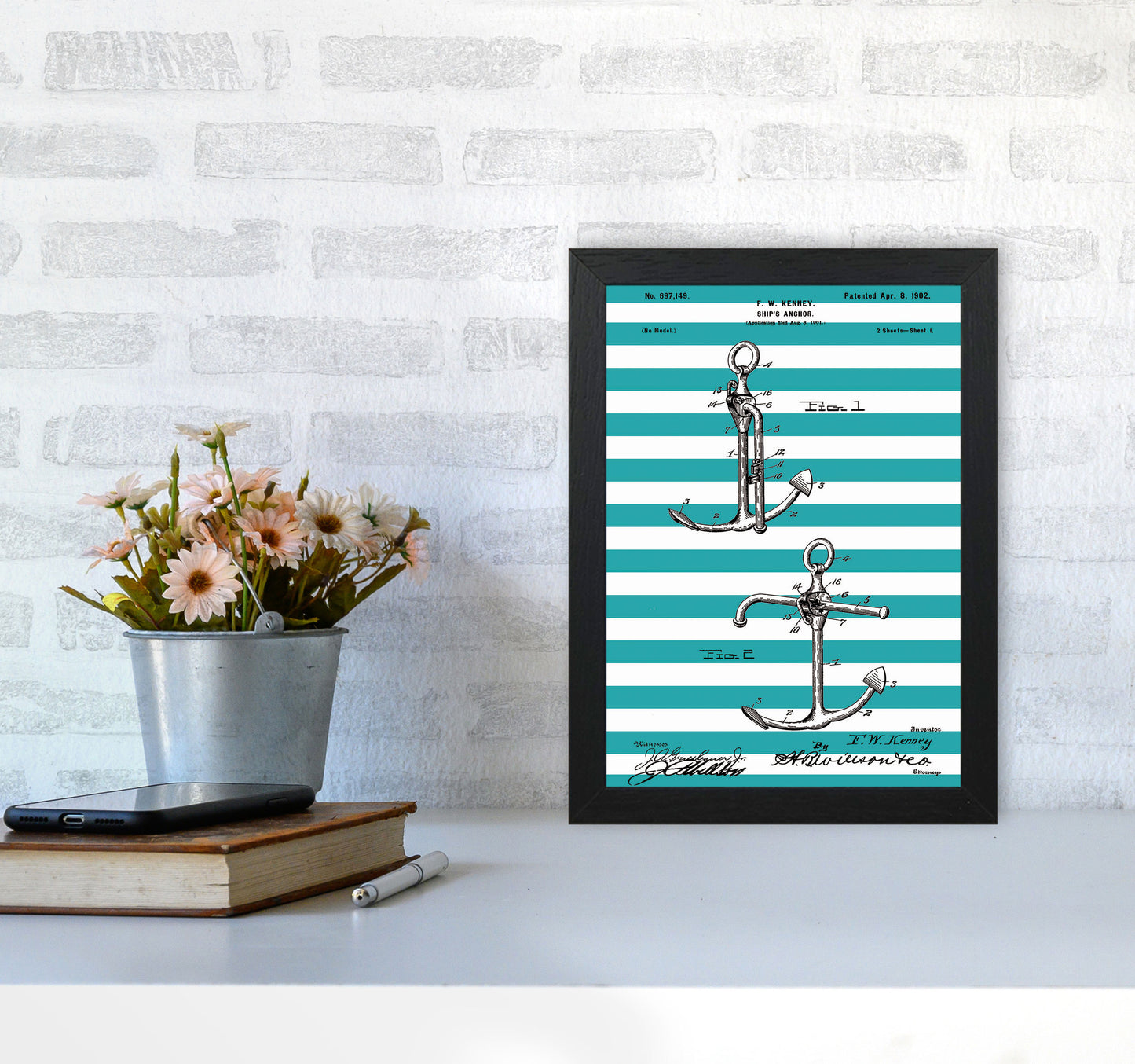 Anchor Patent Stripe Art Print by Jason Stanley A4 White Frame