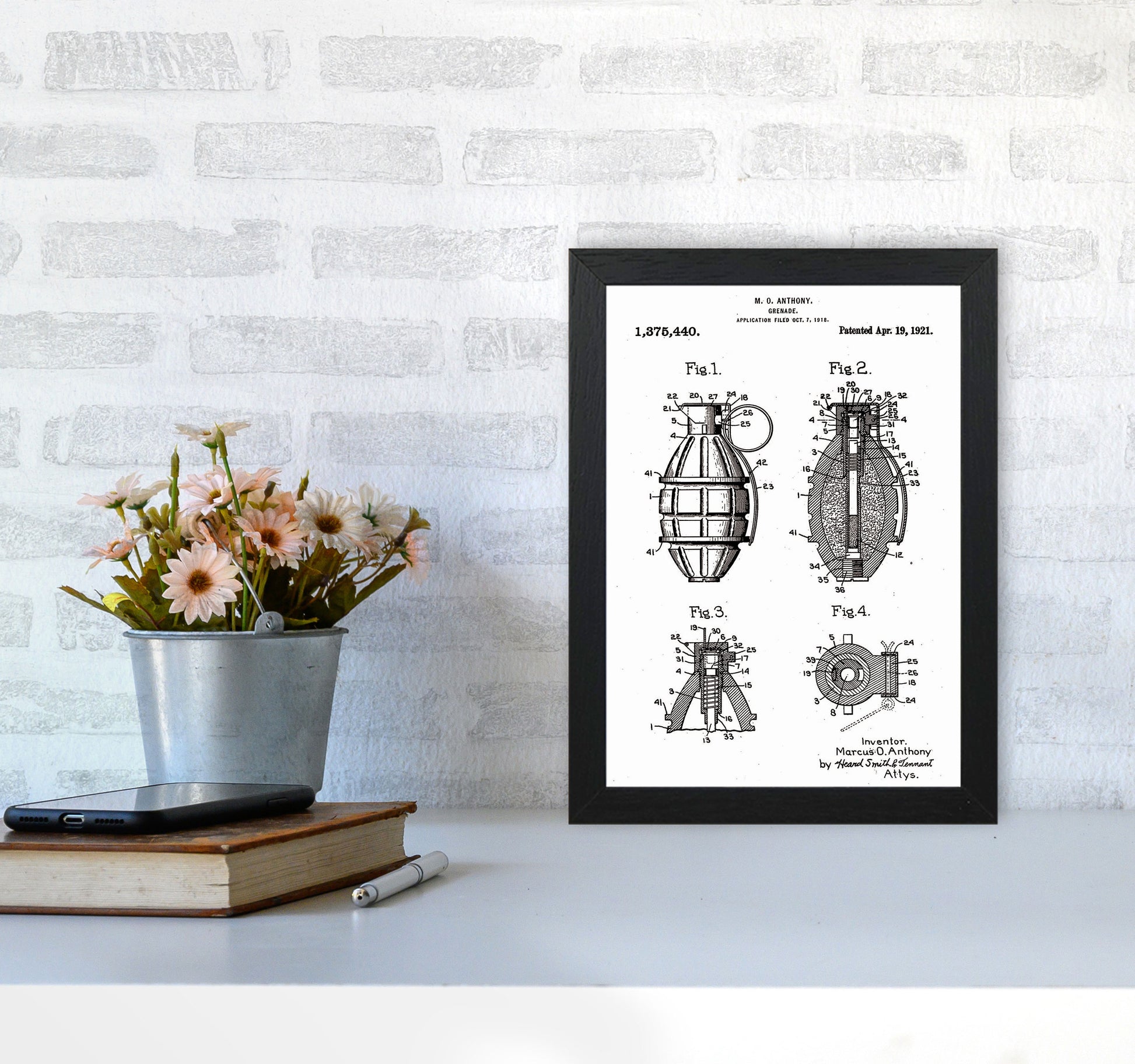 Grenade Patent Art Print by Jason Stanley A4 White Frame