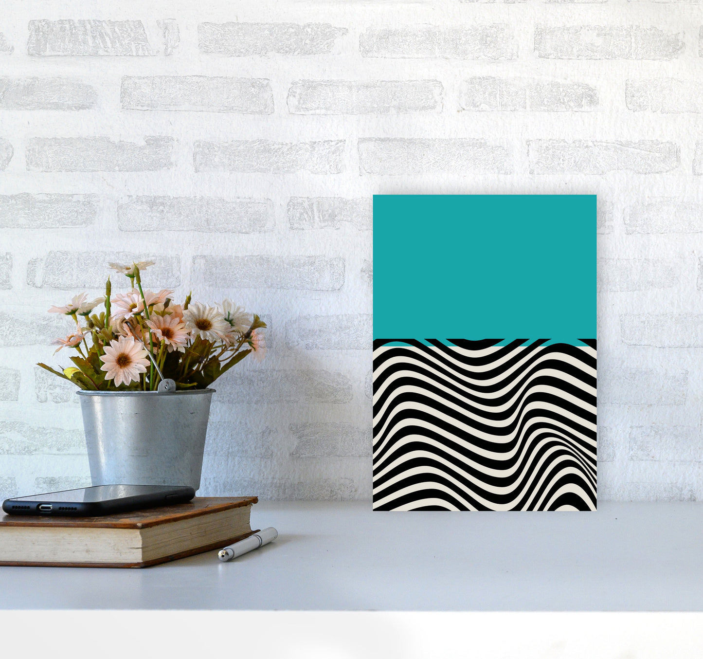 Minimal Abstract Blue Wave Art Print by Jason Stanley A4 Black Frame