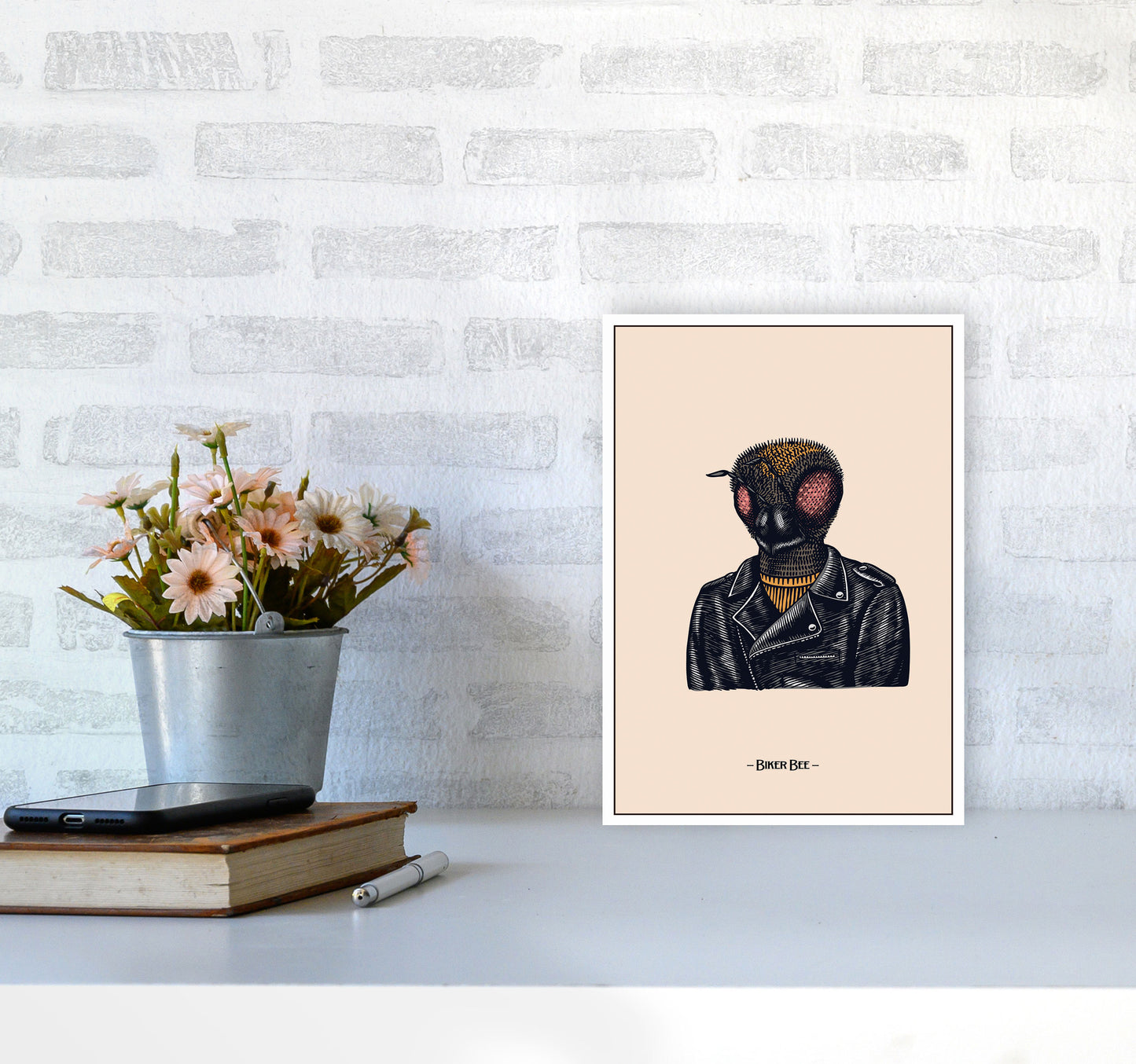 Biker Bee Art Print by Jason Stanley A4 Black Frame