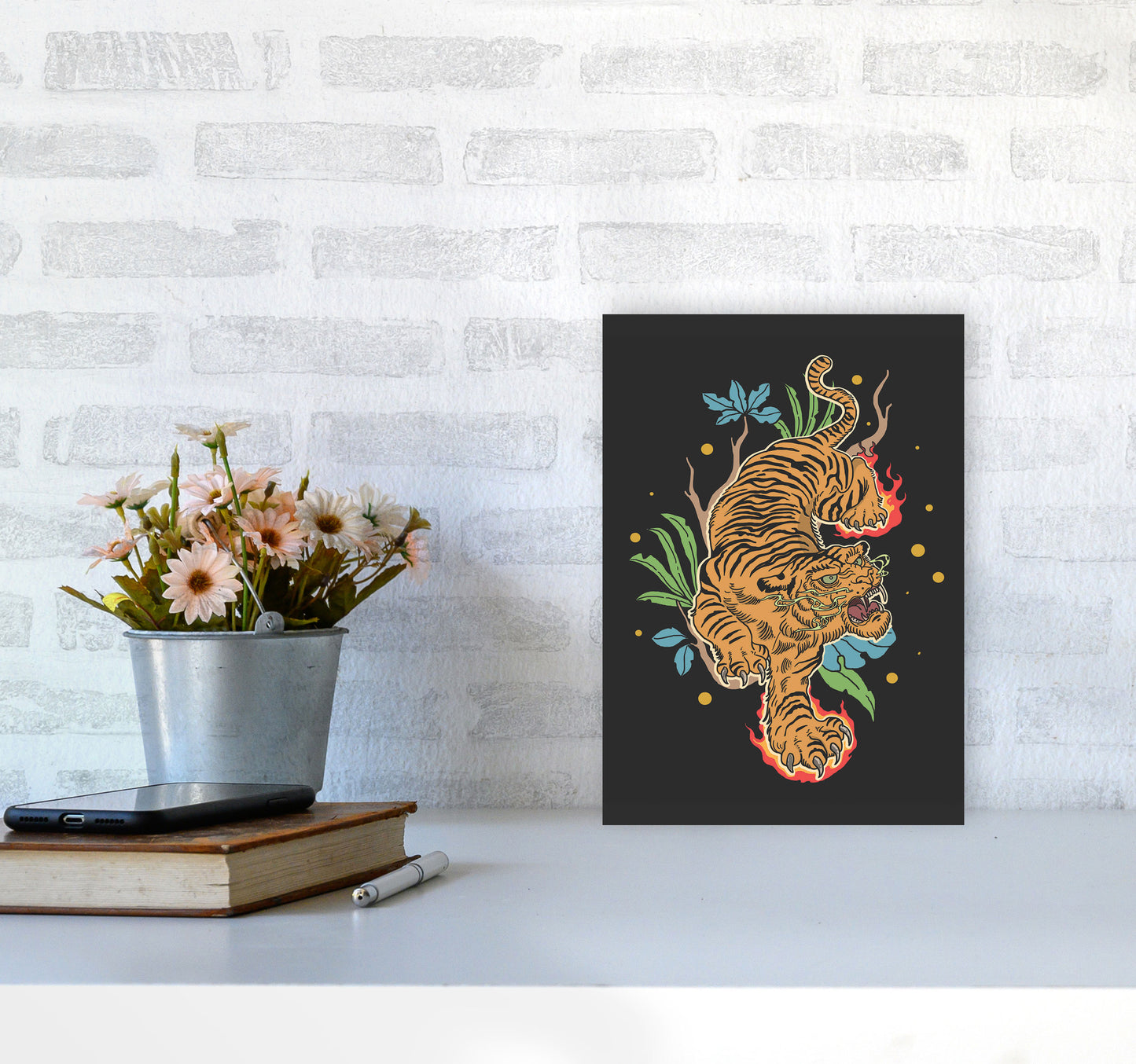 Classic Tiger Tattoo Art Print by Jason Stanley A4 Black Frame