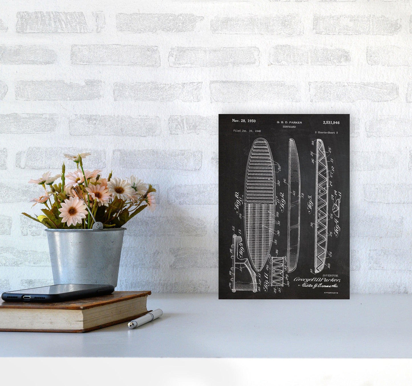 Surfboard Patent Art Print by Jason Stanley A4 Black Frame