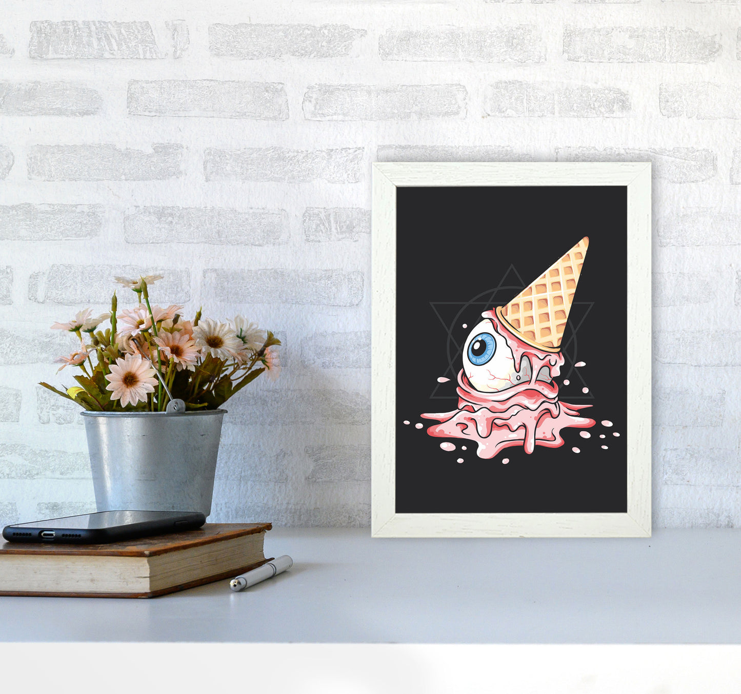 Strawberry Eyeball Icecream Art Print by Jason Stanley A4 Oak Frame