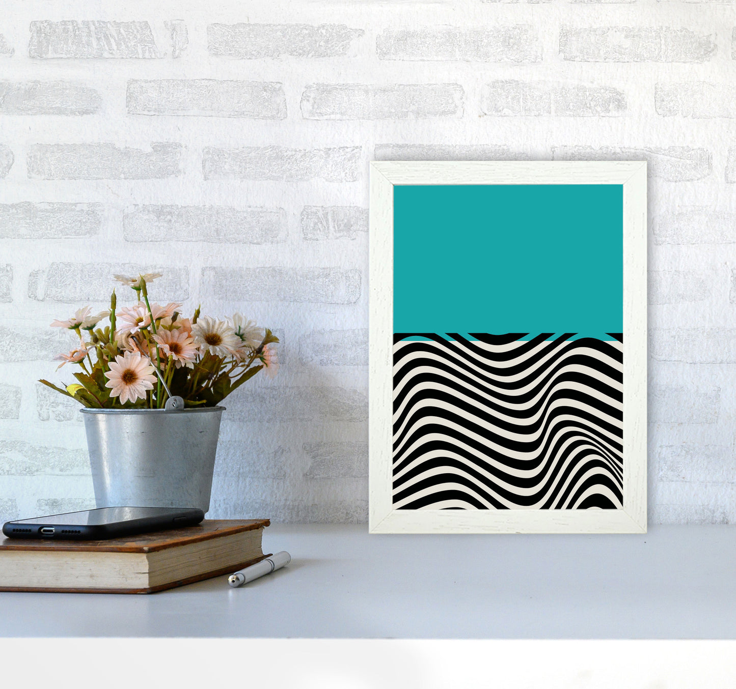 Minimal Abstract Blue Wave Art Print by Jason Stanley A4 Oak Frame