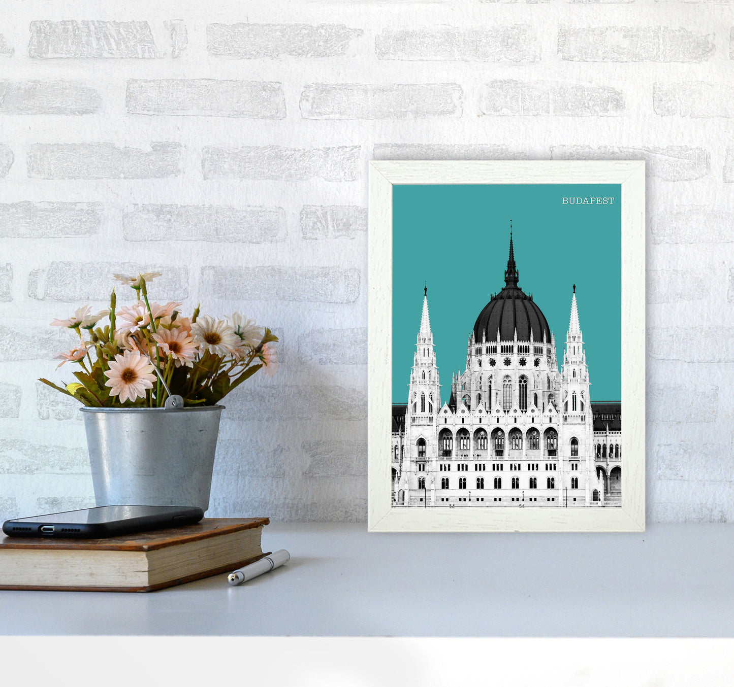 Halftone Budapest Green Art Print by Jason Stanley A4 Oak Frame