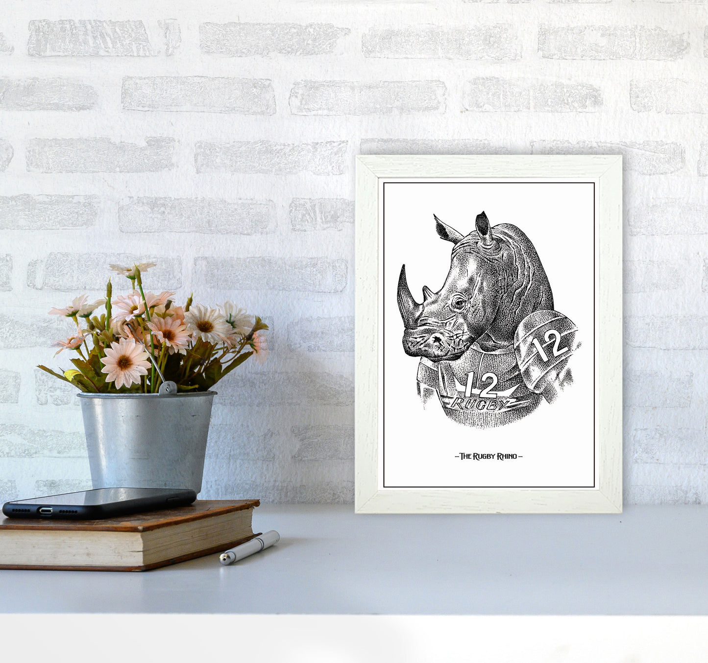 The Rugby Rhino Art Print by Jason Stanley A4 Oak Frame