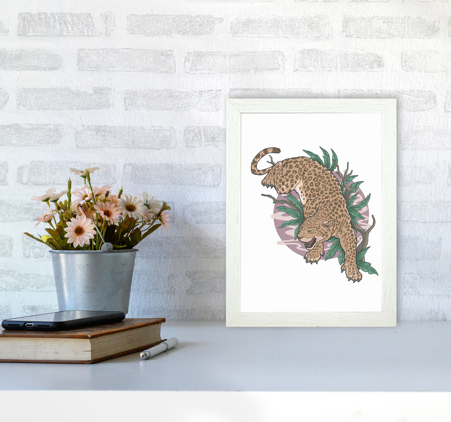 Wild Leopard Art Print by Jason Stanley A4 Oak Frame