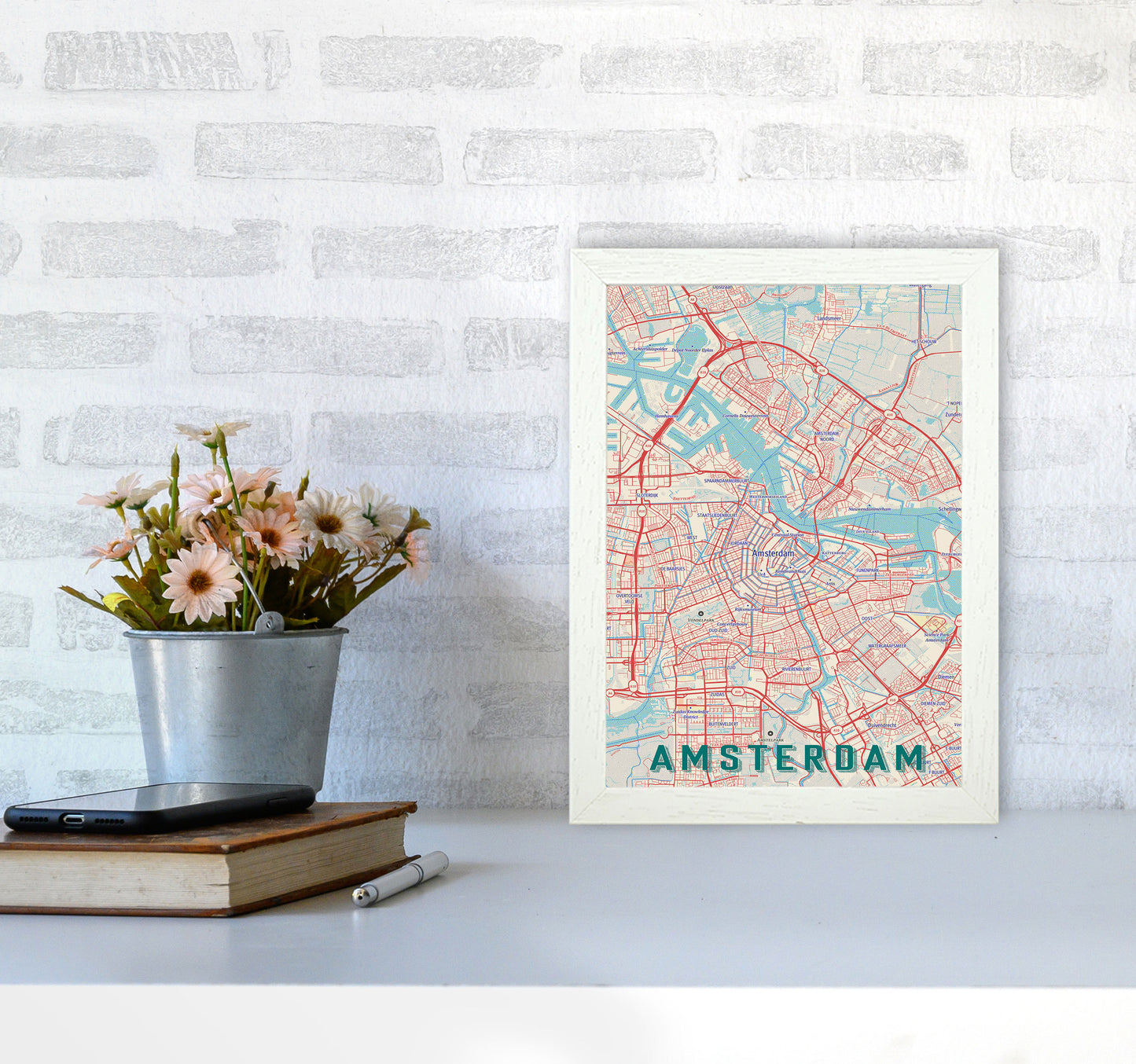 Retro Map - Amsterdam Art Print by Jason Stanley A4 Oak Frame