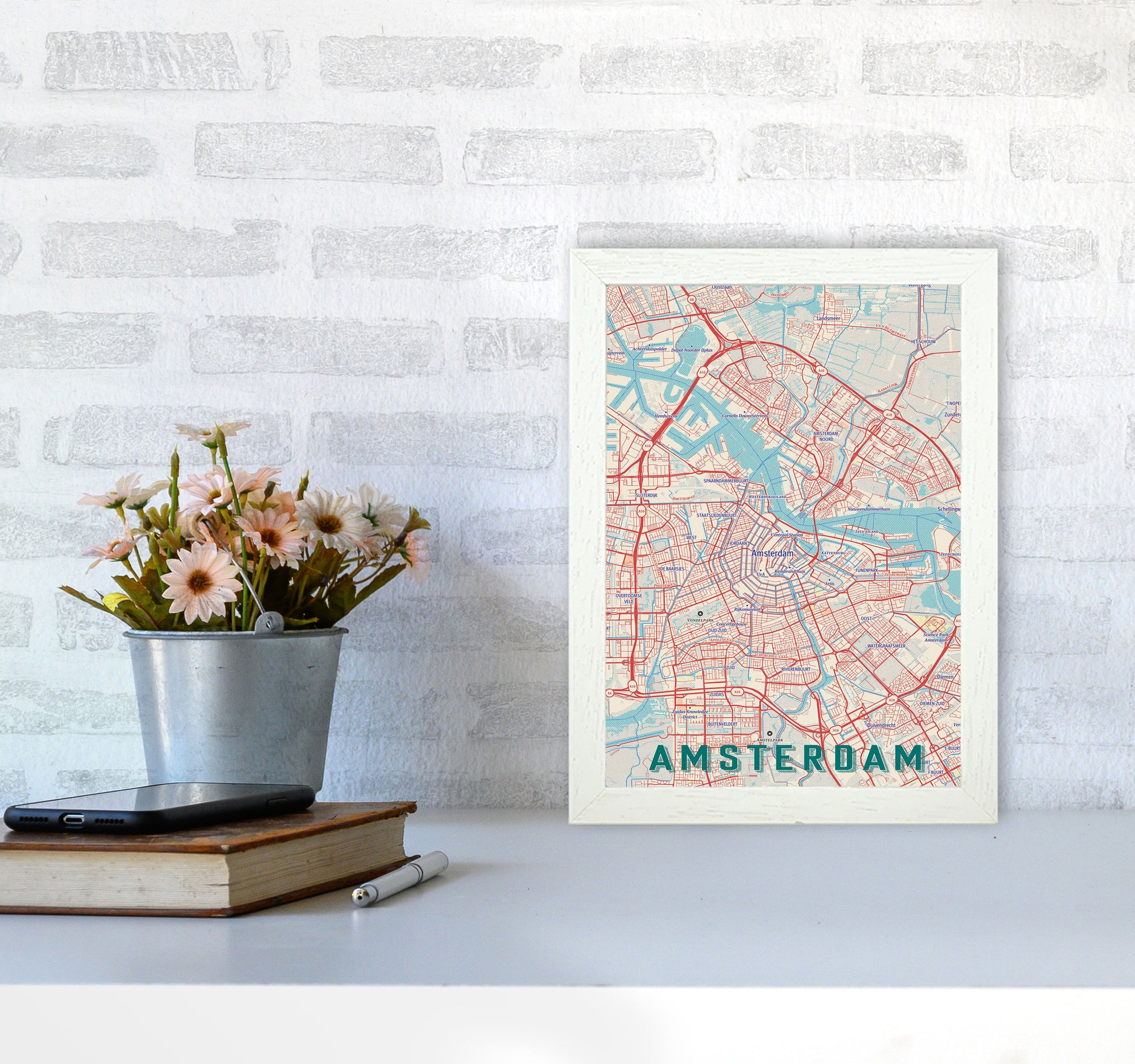 Retro Map - Amsterdam Art Print by Jason Stanley A4 Oak Frame