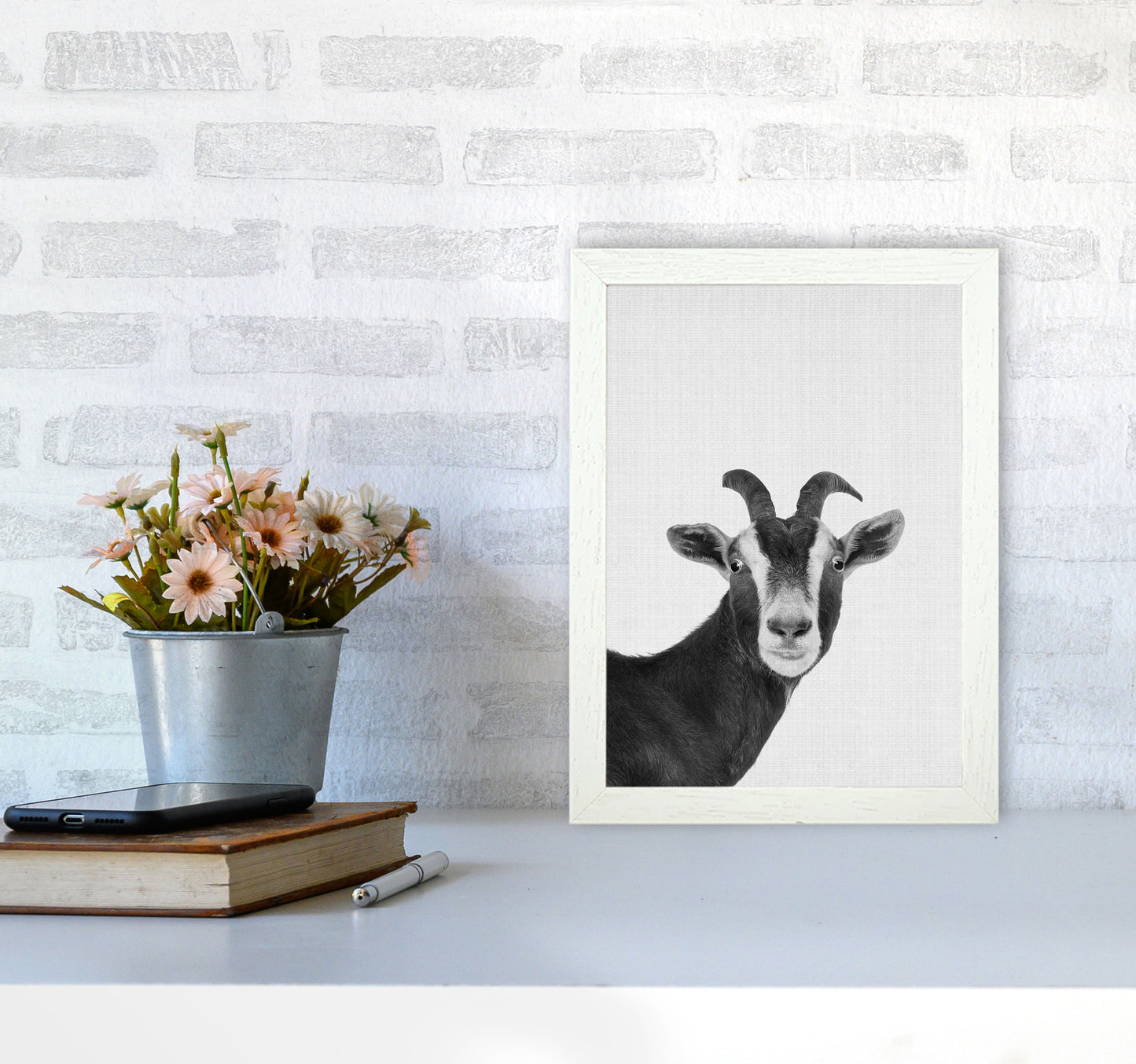 Surprised Goat Art Print by Jason Stanley A4 Oak Frame