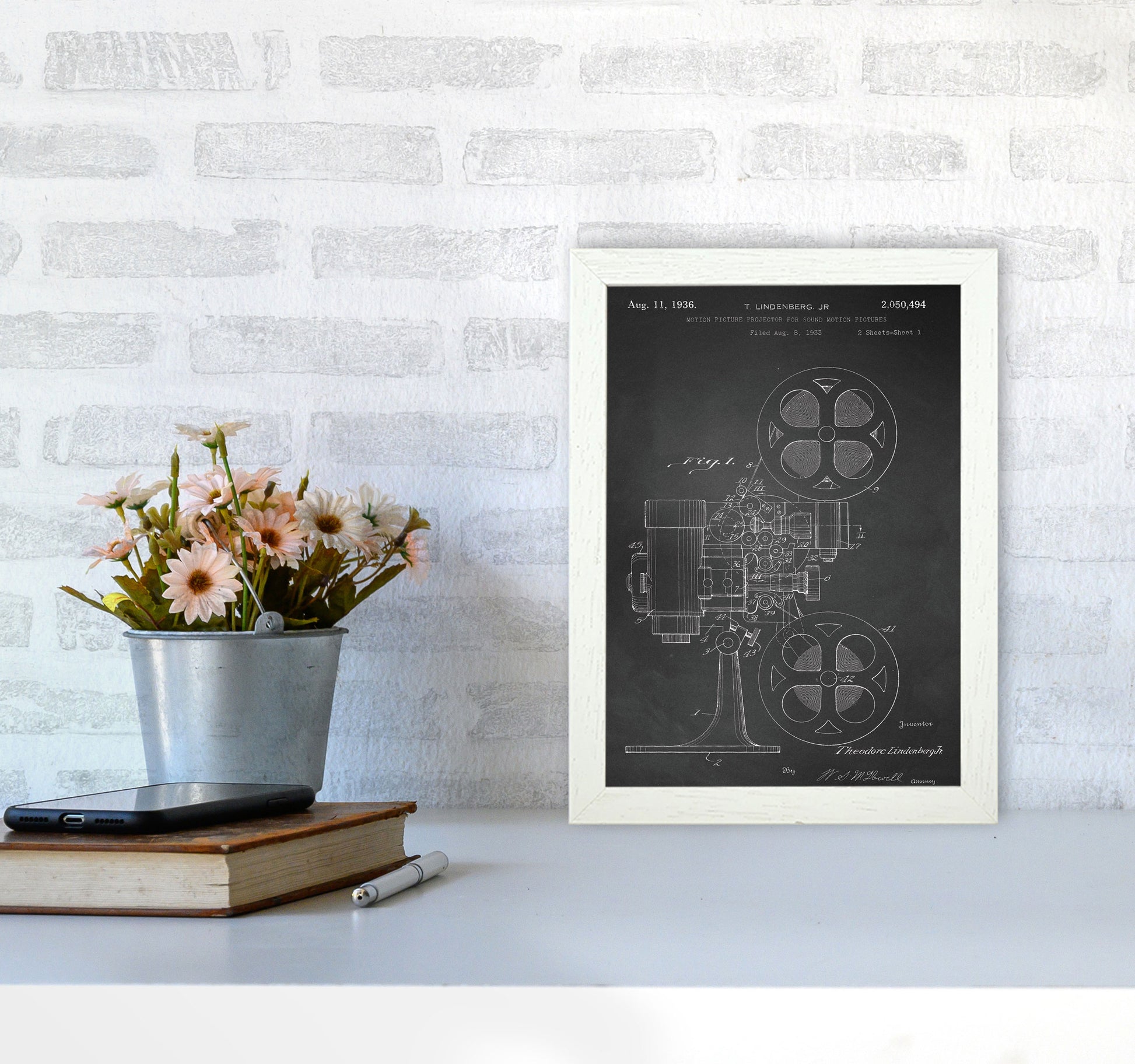 Motion Picture Projector Patent-Chalkboard Art Print by Jason Stanley A4 Oak Frame