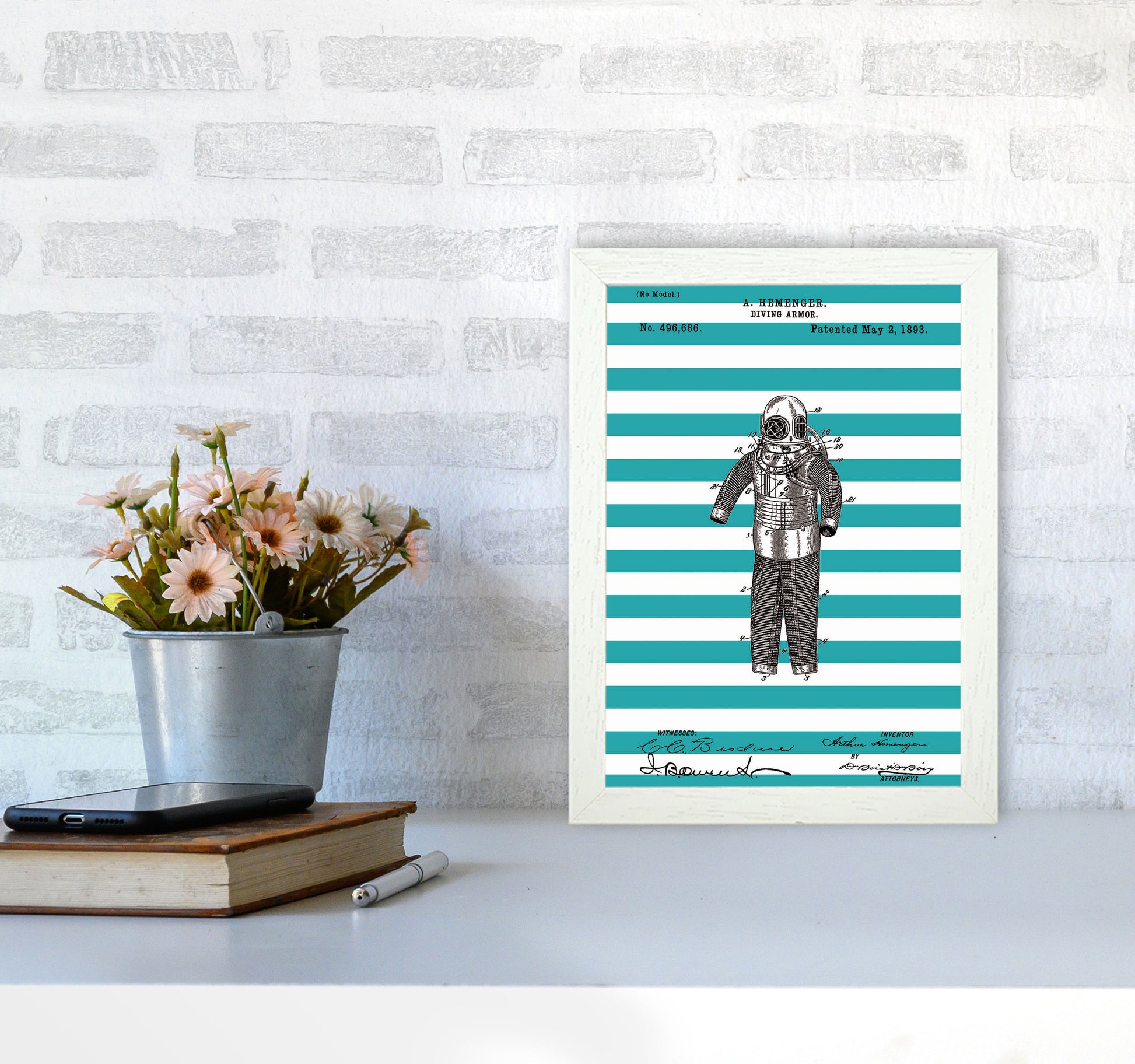 Diving Armor Patent Stripe Art Print by Jason Stanley A4 Oak Frame