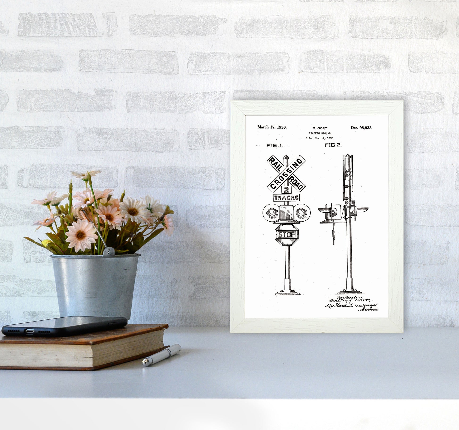 Rail Road Crossing Sign Patent Art Print by Jason Stanley A4 Oak Frame