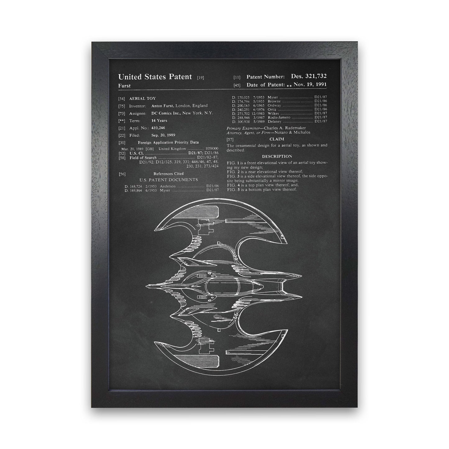 Batwing Patent Side View- Chalkboard Art Print by Jason Stanley Black Grain