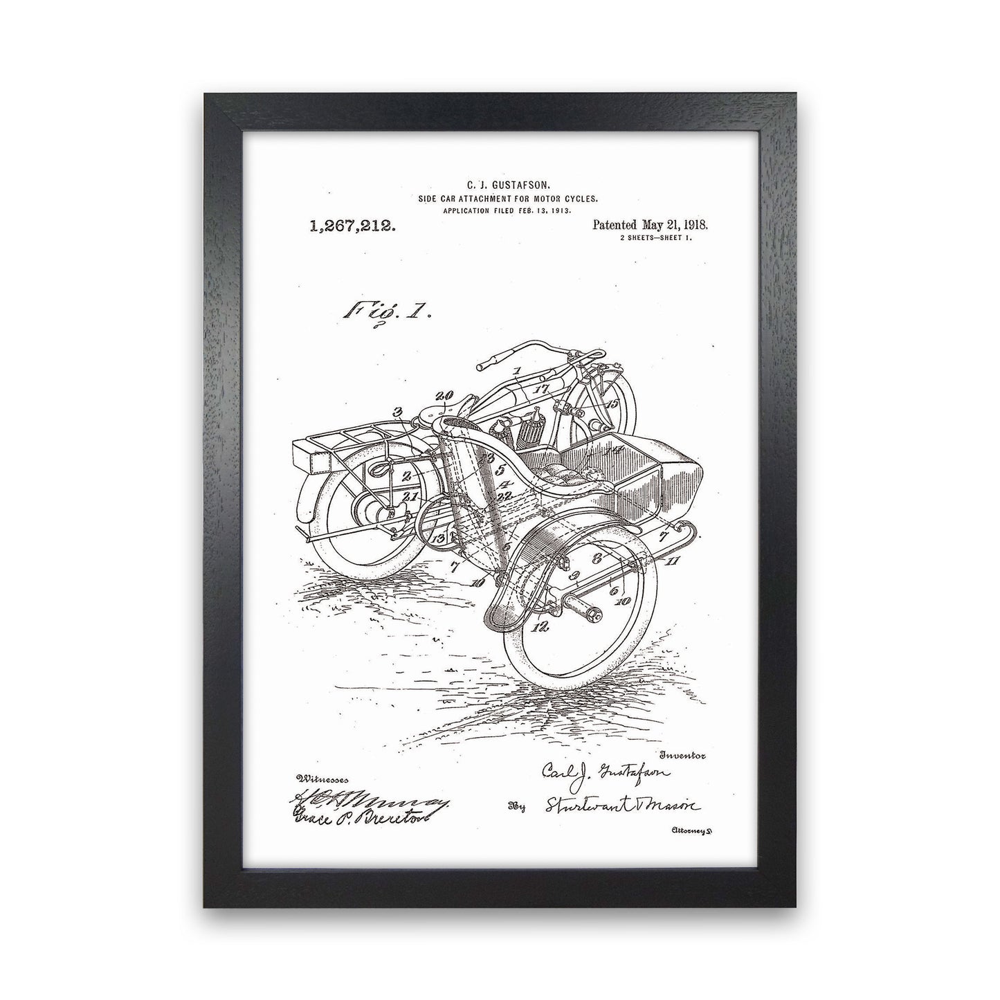 Motorcycle With Side Car Patent Art Print by Jason Stanley Black Grain