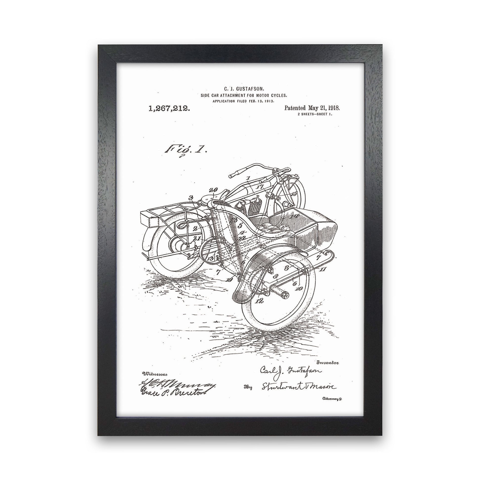 Motorcycle With Side Car Patent Art Print by Jason Stanley Black Grain