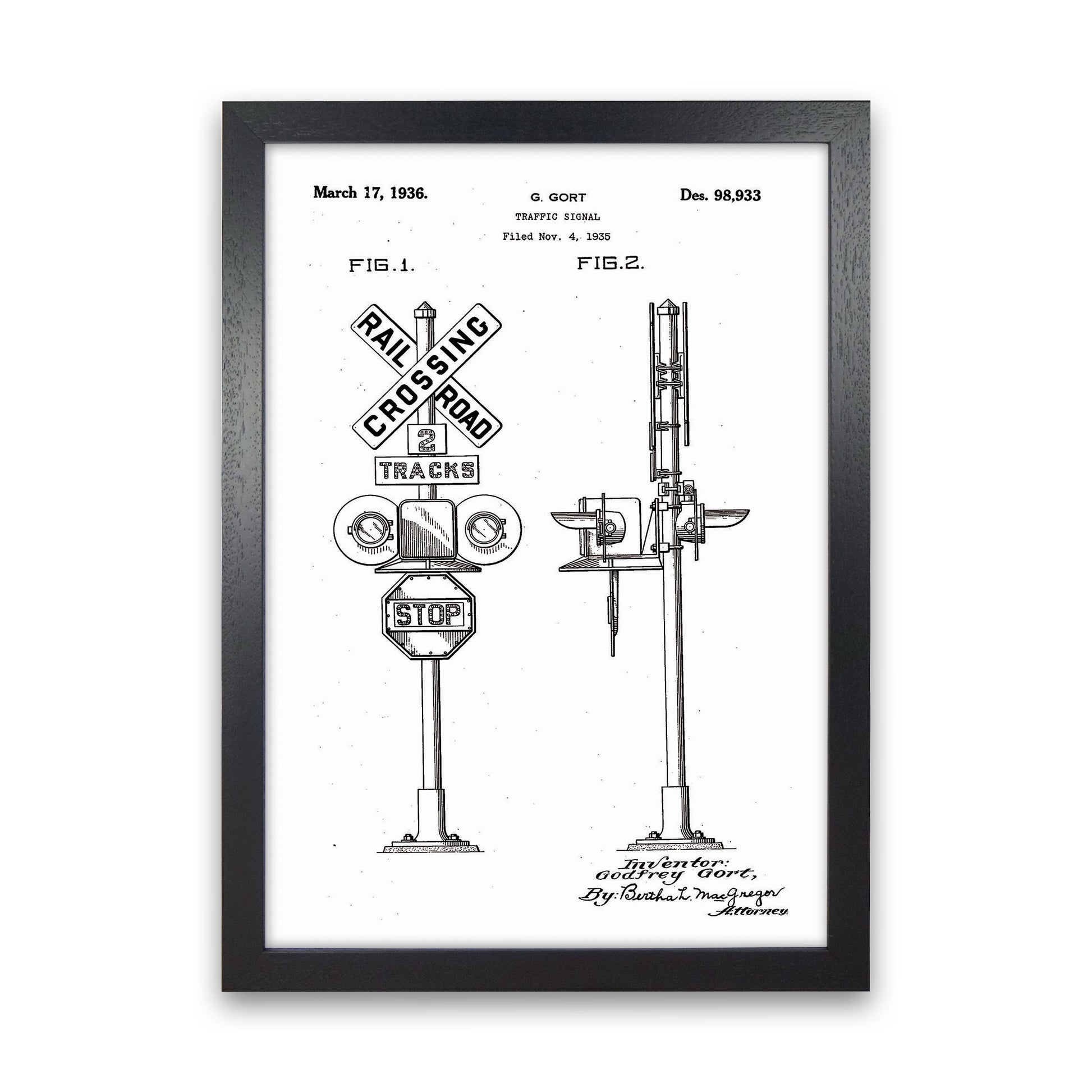 Rail Road Crossing Sign Patent Art Print by Jason Stanley Black Grain