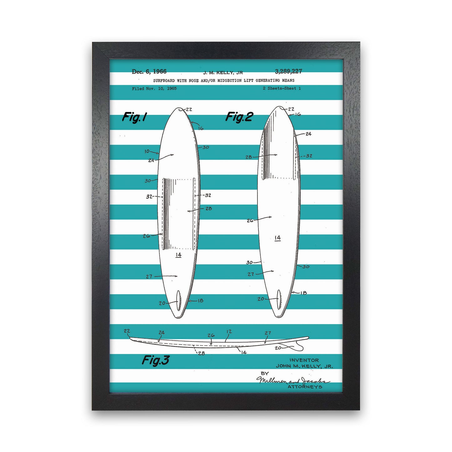 Surfboard Patent Stripe Art Print by Jason Stanley Black Grain