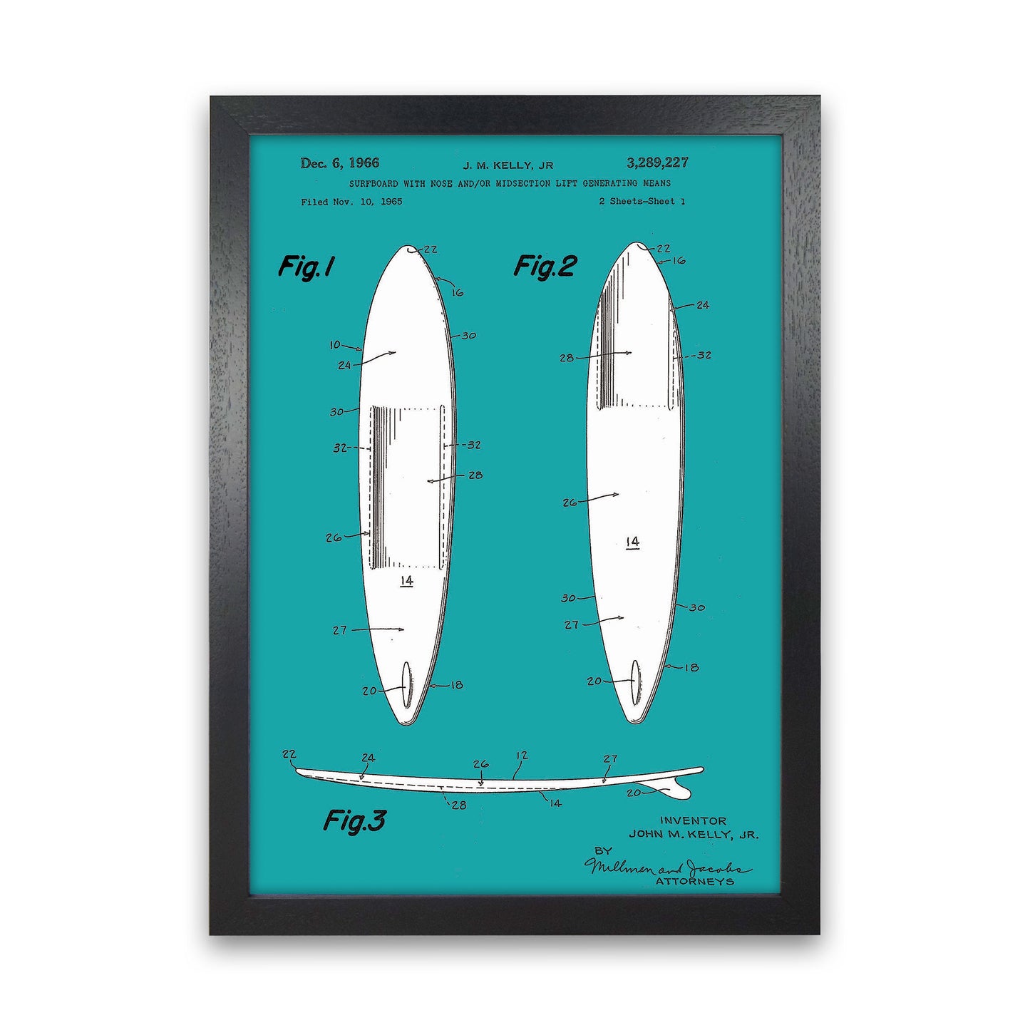 Surfboard Patent Blue Art Print by Jason Stanley Black Grain