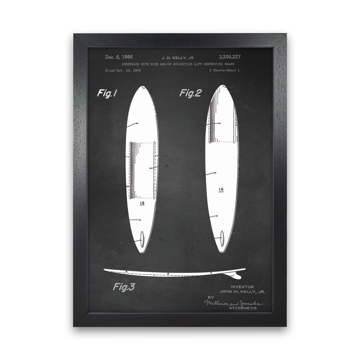 Surfboard Patent 1 Art Print by Jason Stanley Black Grain