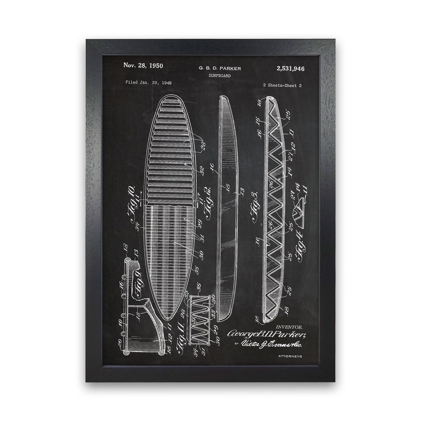 Surfboard Patent Art Print by Jason Stanley Black Grain