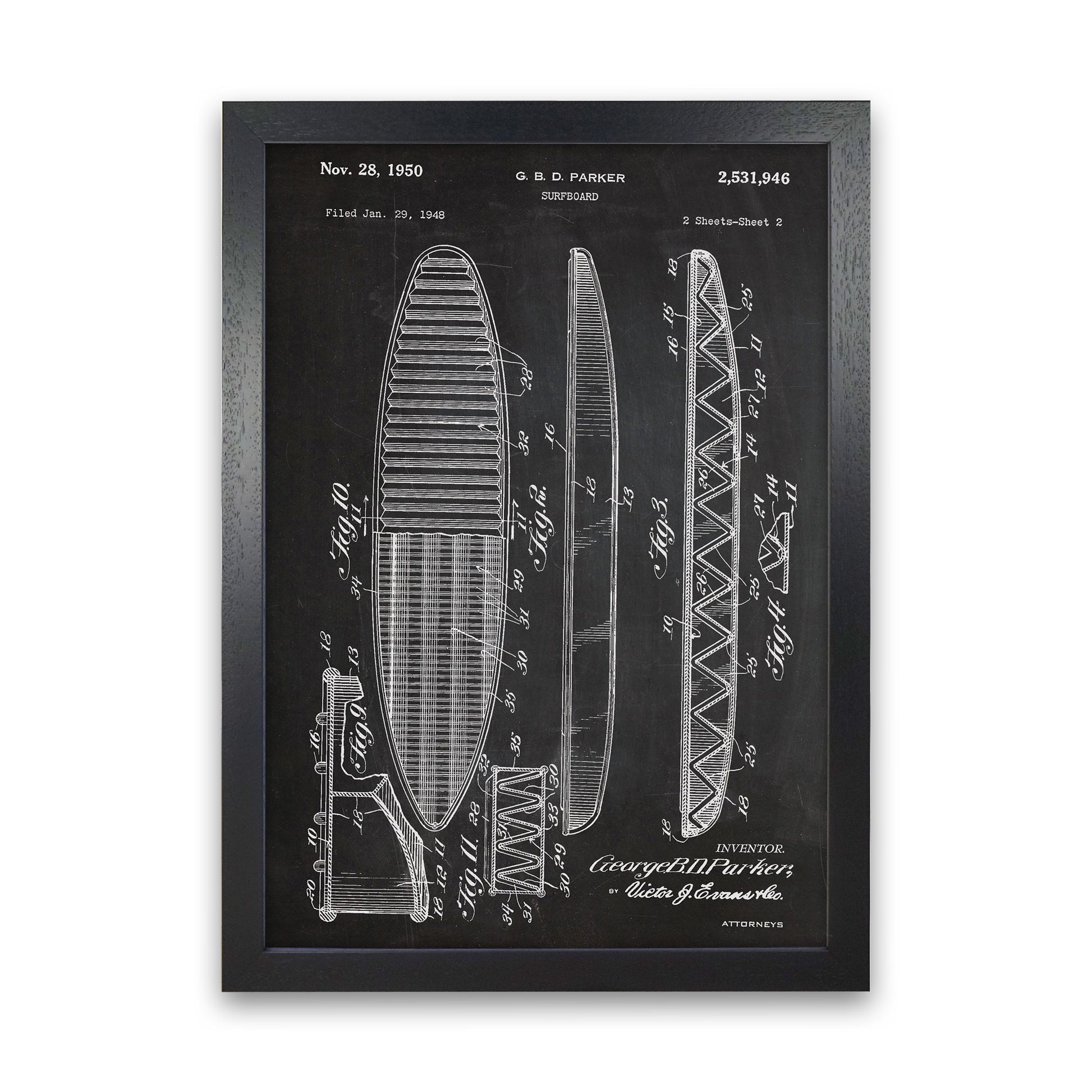 Surfboard Patent Art Print by Jason Stanley Black Grain