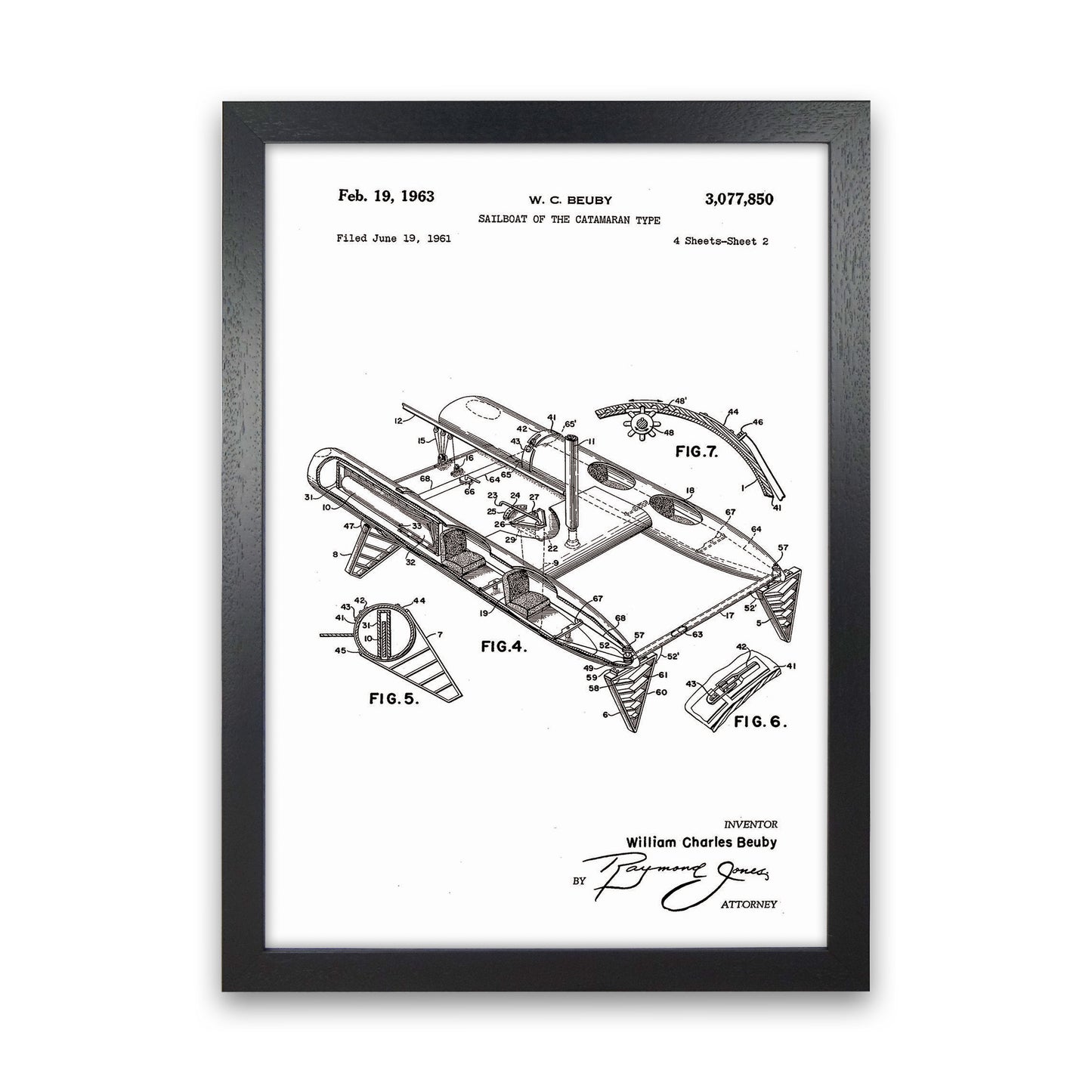 Catamaran Patent Art Print by Jason Stanley Black Grain