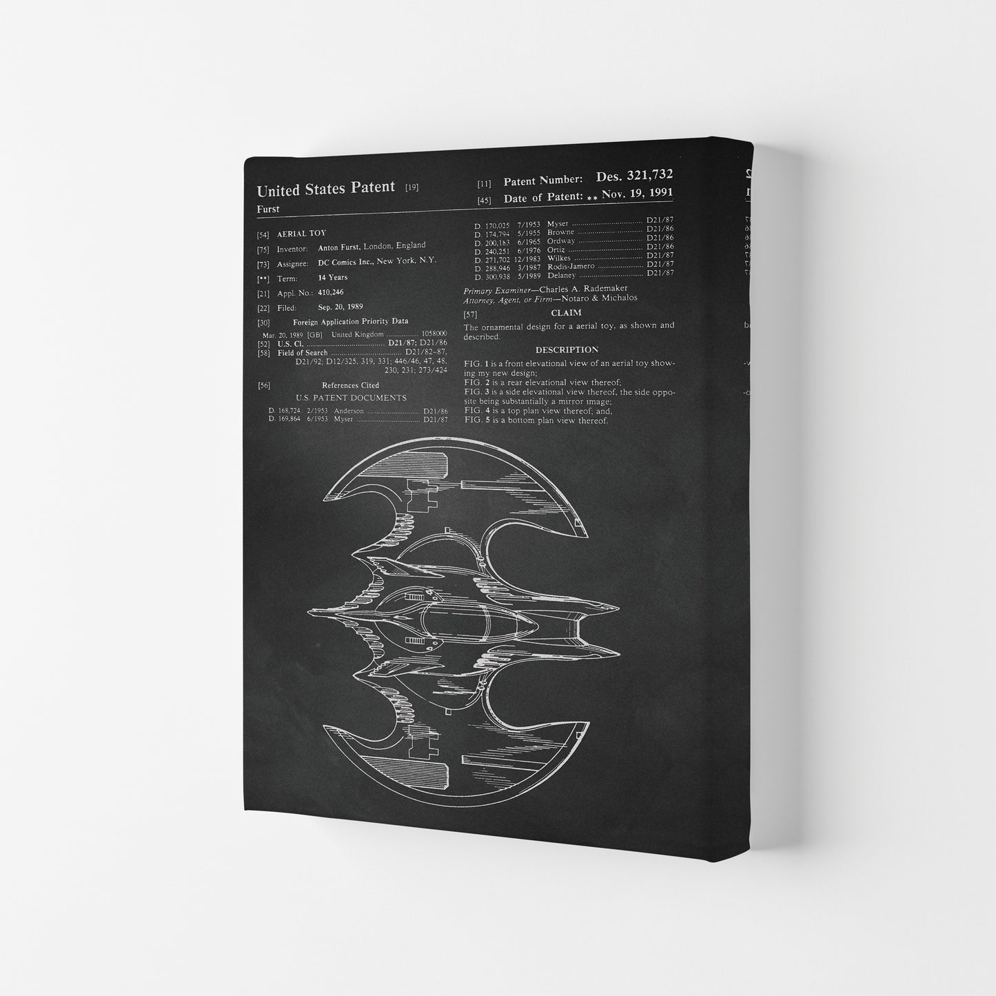 Batwing Patent Side View- Chalkboard Art Print by Jason Stanley Canvas