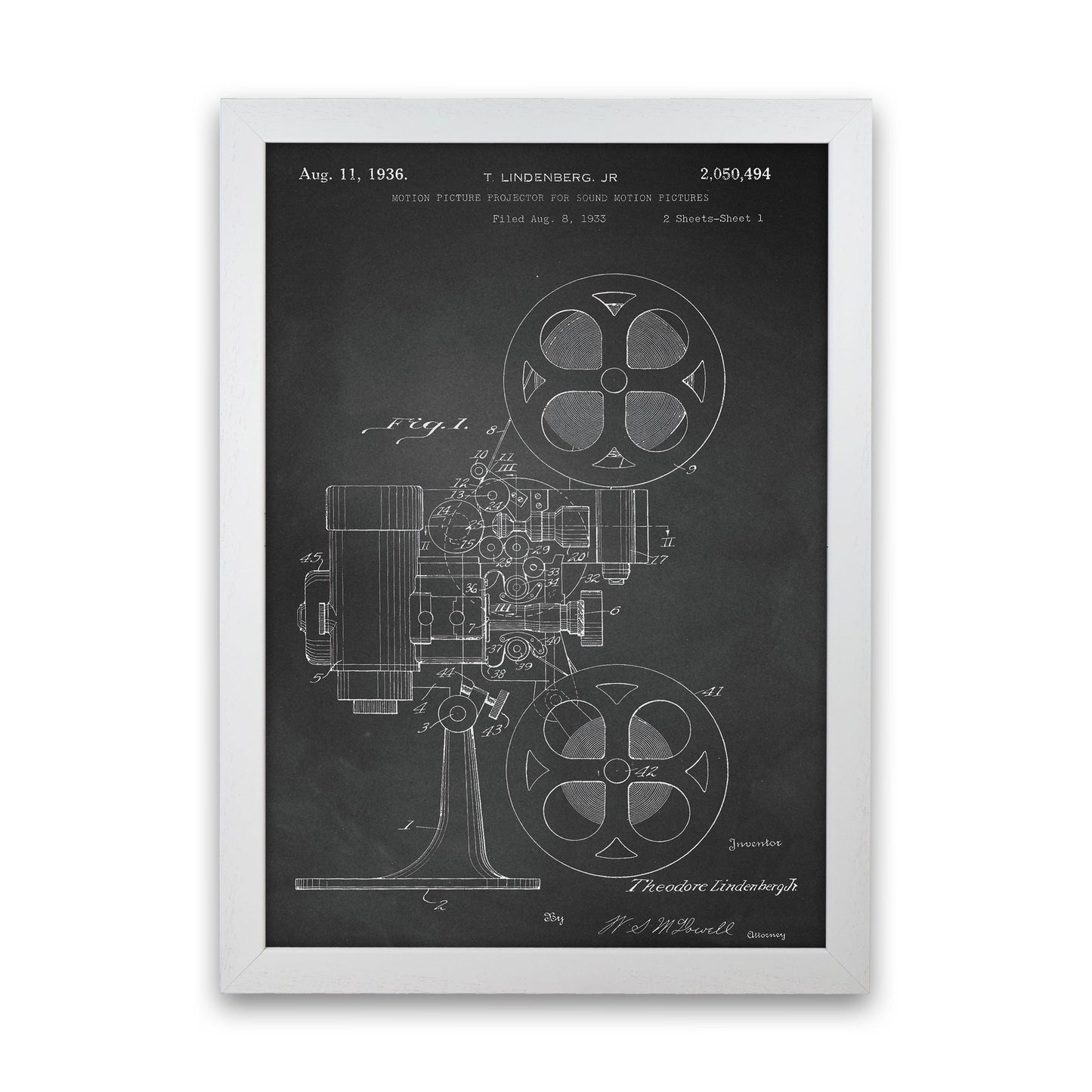 Motion Picture Projector Patent-Chalkboard Art Print by Jason Stanley White Grain