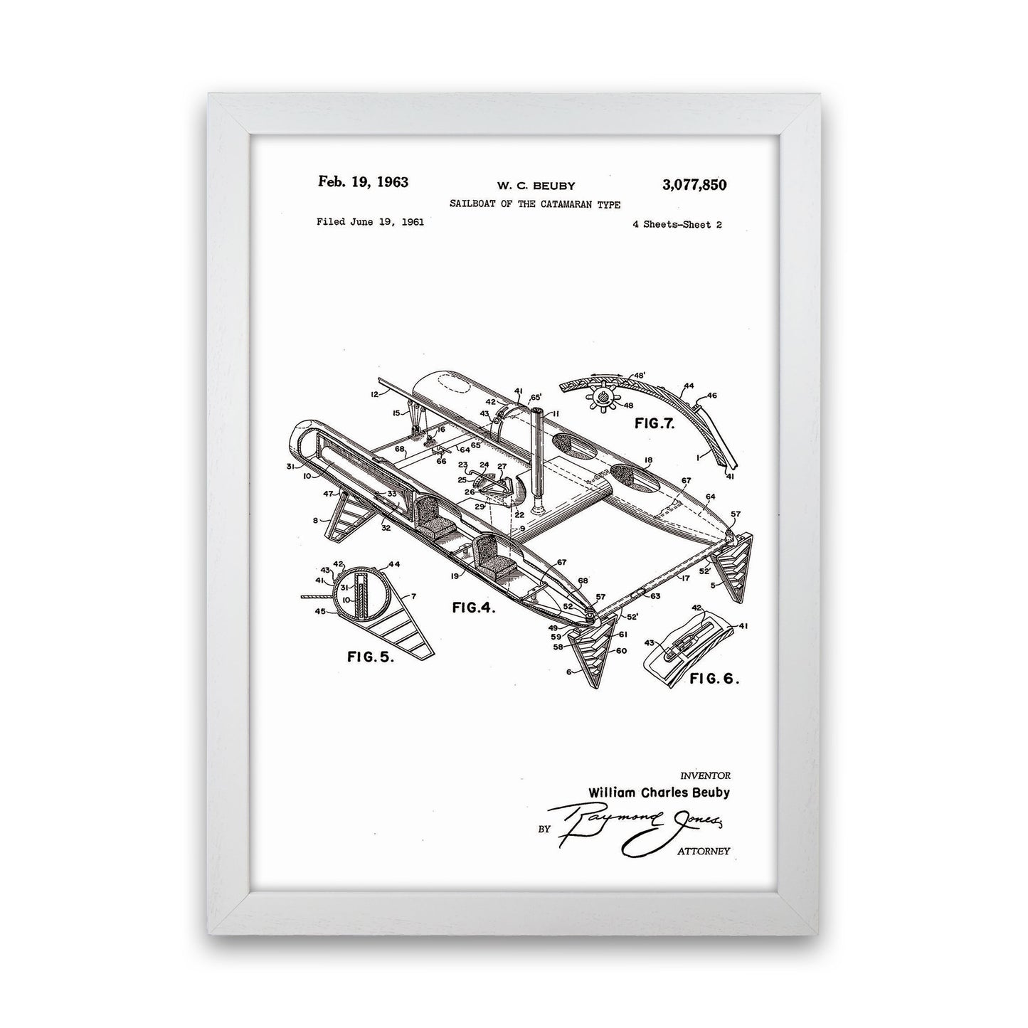 Catamaran Patent Art Print by Jason Stanley White Grain