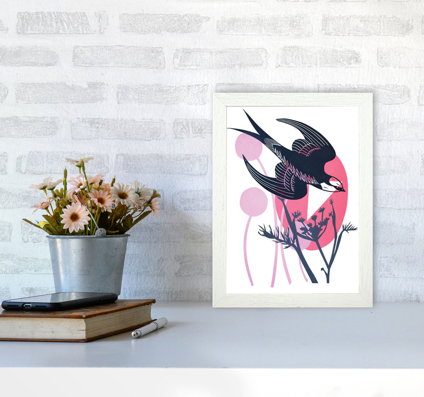 Swallow & Wild Fennel postcard Art Print by Kate Heiss A4 Oak Frame