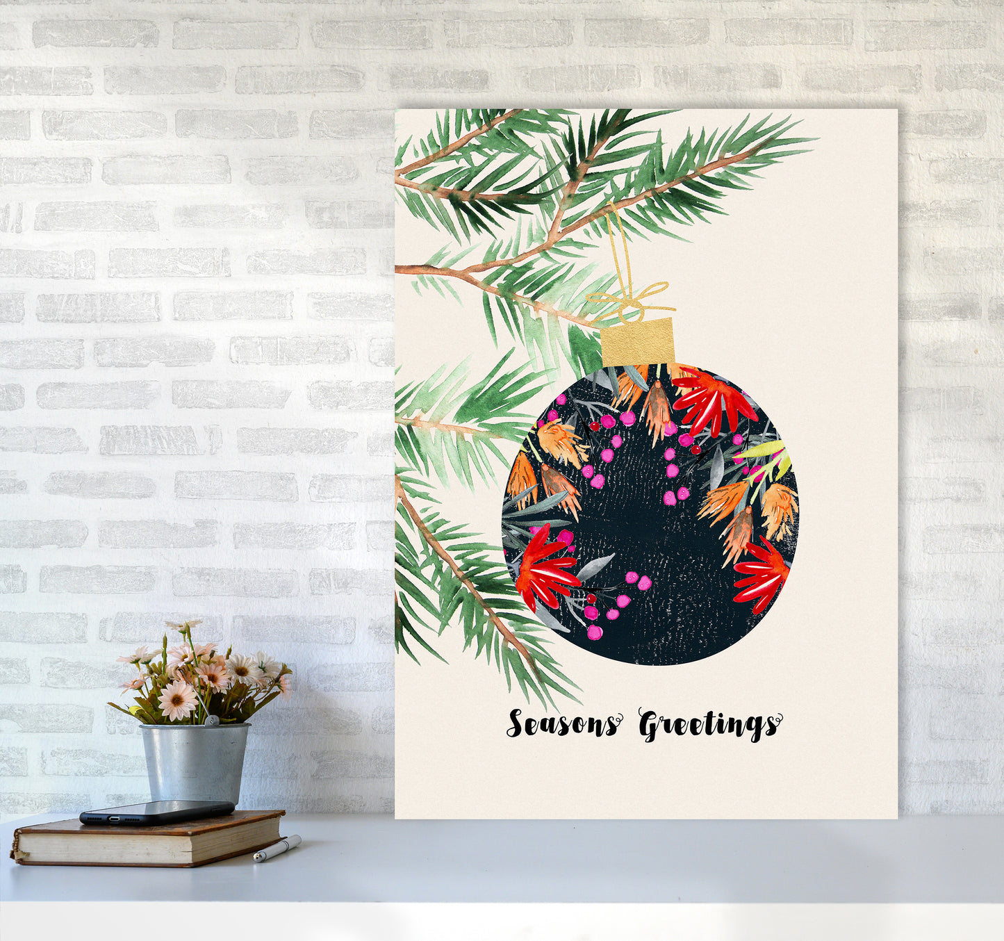 Seasons Greetings Christmas Art Print by Kookiepixel A1 Black Frame