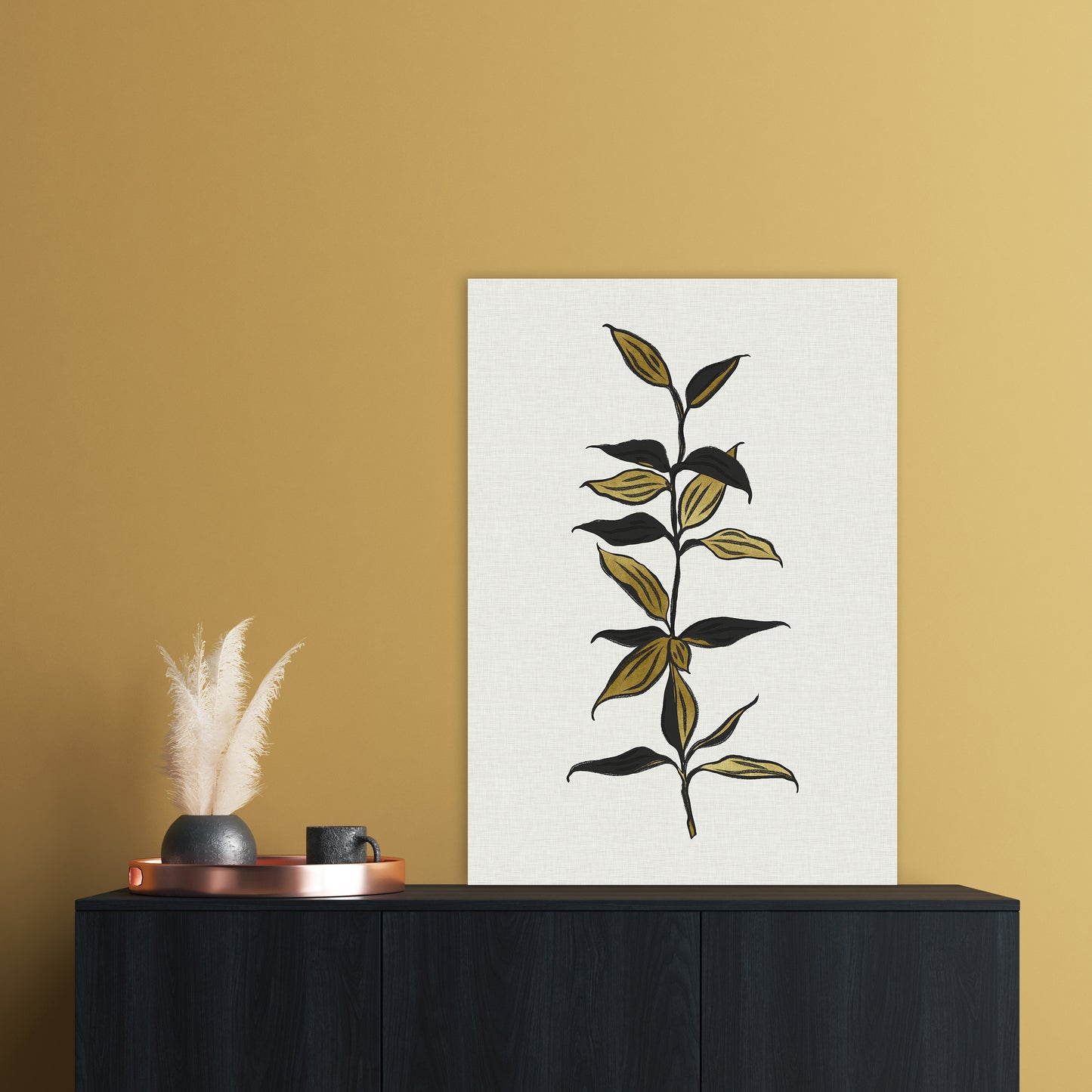 Gold Bamboo Botanical Art Print by Kookiepixel A1 Black Frame