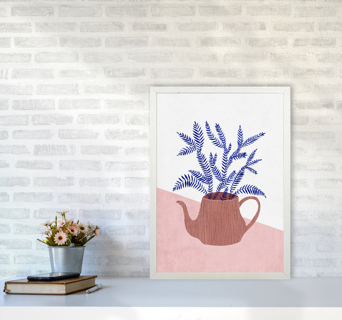 Teapot Planter Art Print by Kookiepixel A2 Oak Frame