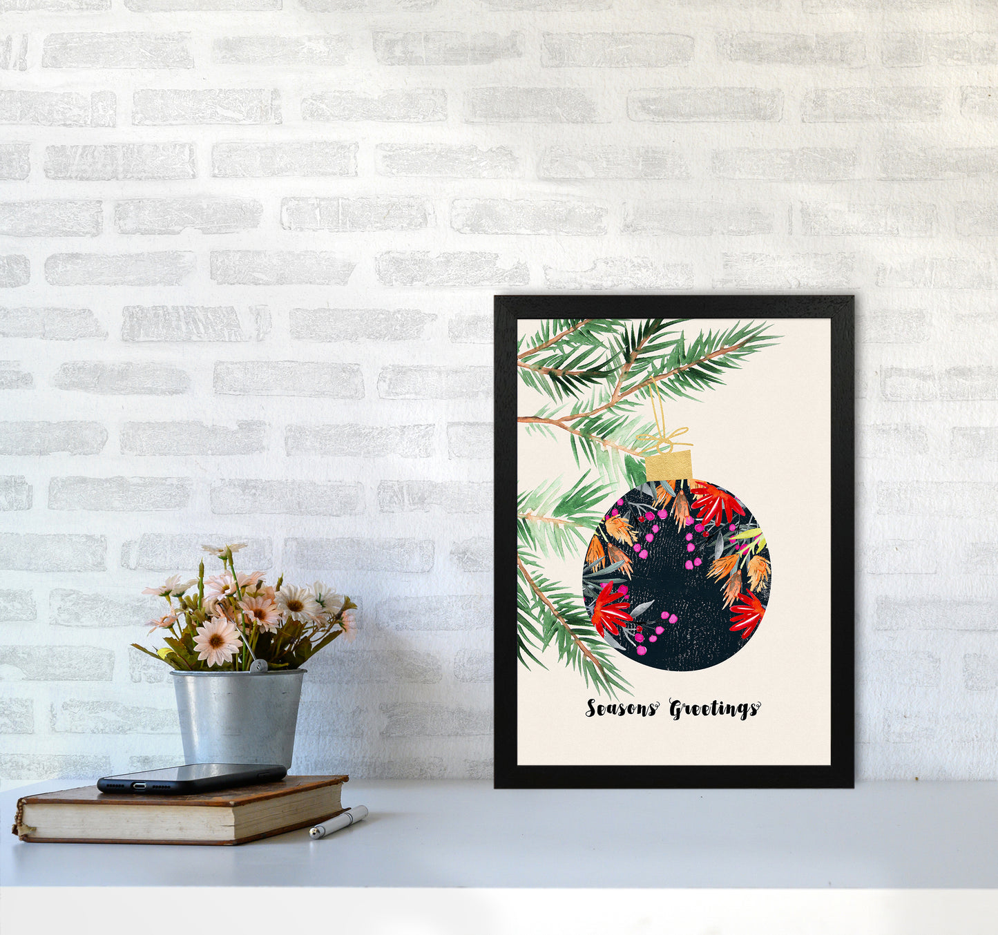 Seasons Greetings Christmas Art Print by Kookiepixel A3 White Frame