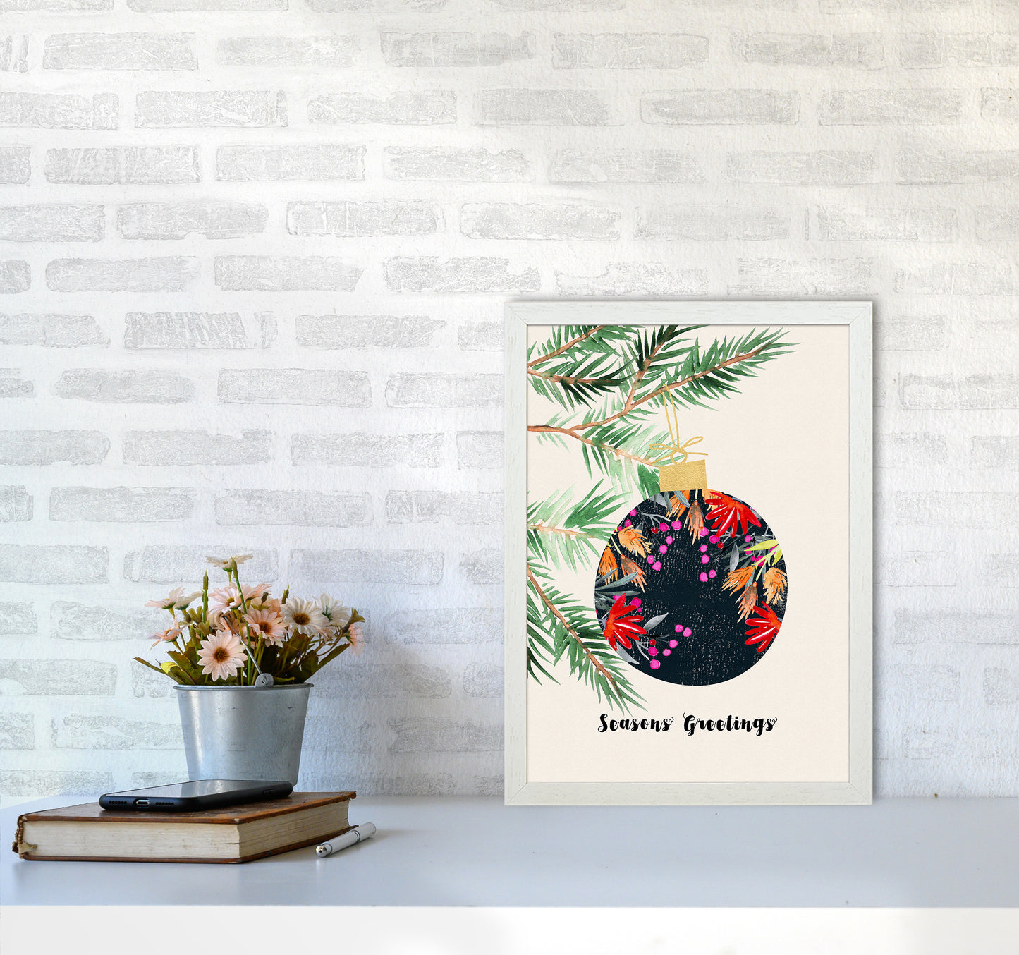 Seasons Greetings Christmas Art Print by Kookiepixel A3 Oak Frame