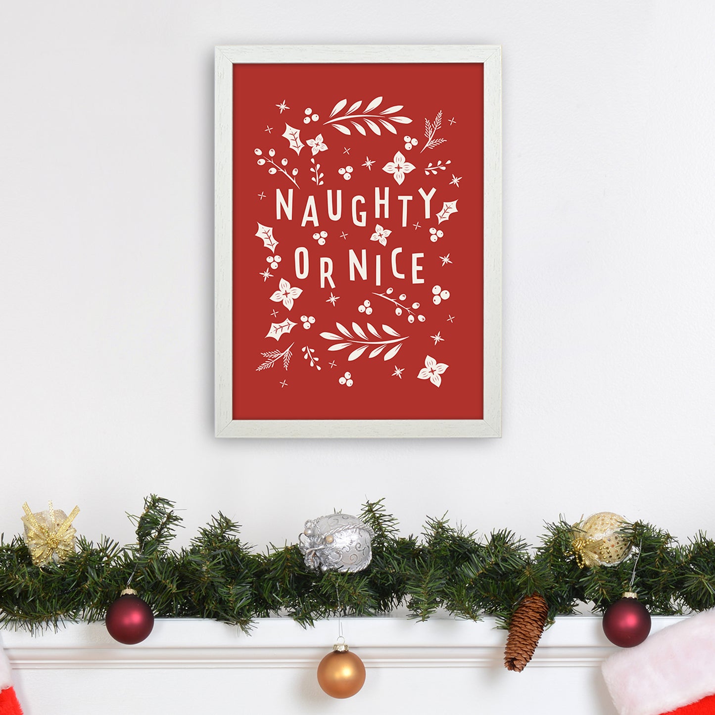 Naught or Nice Christmas Art Print by Kookiepixel A3 Oak Frame