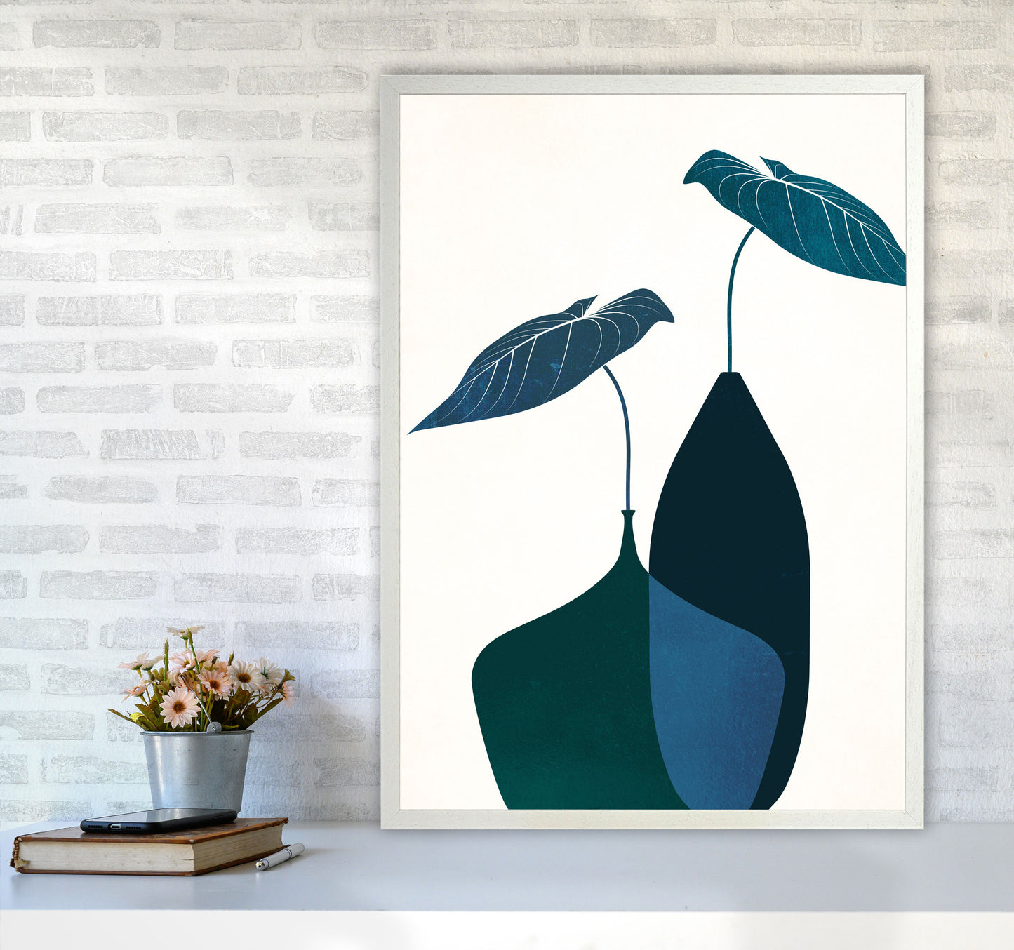 Scandinavian Bouquet-BLEU Contemporary Art Print by Kubistika A1 Oak Frame